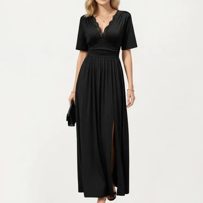 Anna-Kaci Short Sleeve Lace Trim Maxi Dress with V Neckline and Side Slit sold by Anna-Kaci
