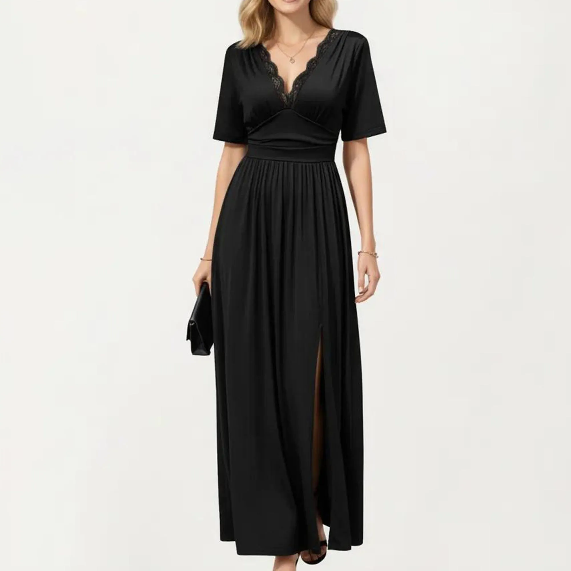 Anna-Kaci Short Sleeve Lace Trim Maxi Dress with V Neckline and Side Slit sold by Anna-Kaci