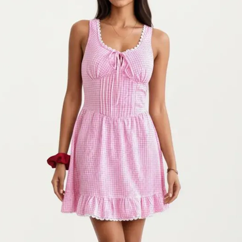 Anna-Kaci Sleeveless Gingham Mini Dress with Tie Front Bodice and Ruffle Hem sold by Anna-Kaci