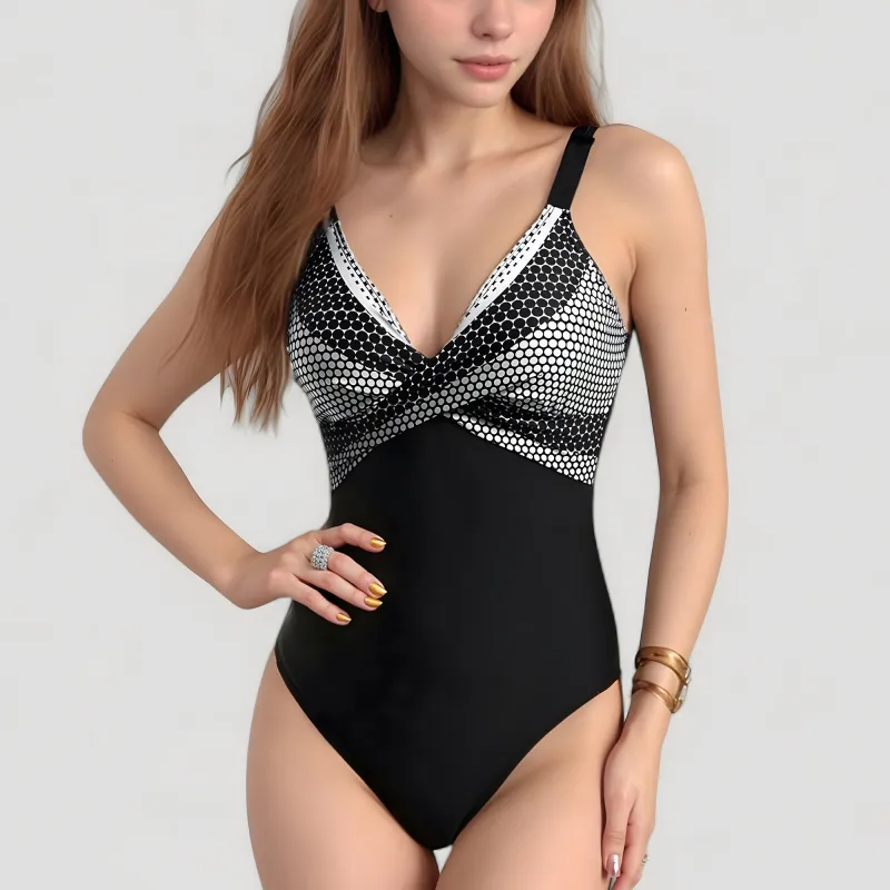 Anna-Kaci Swim Women's One-Piece Swimsuit with V-Neckline Cross Front Detail and Geometric Printed Bust Design made by Anna-Kaci
