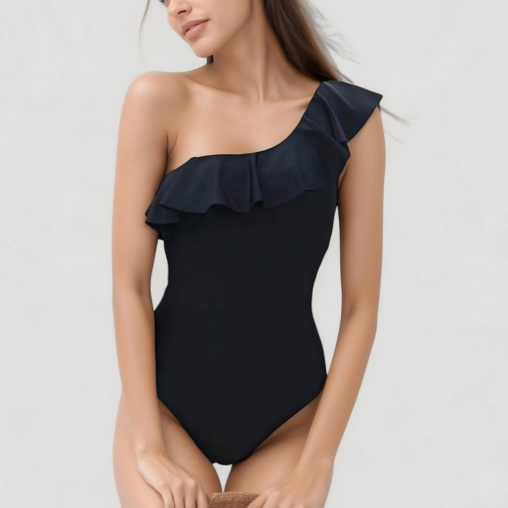 Anna-Kaci Swim Women's One-Piece Swimsuit with One Shoulder Design Soft Ruffle Trim and Flattering Contour Fit sold by Anna-Kaci