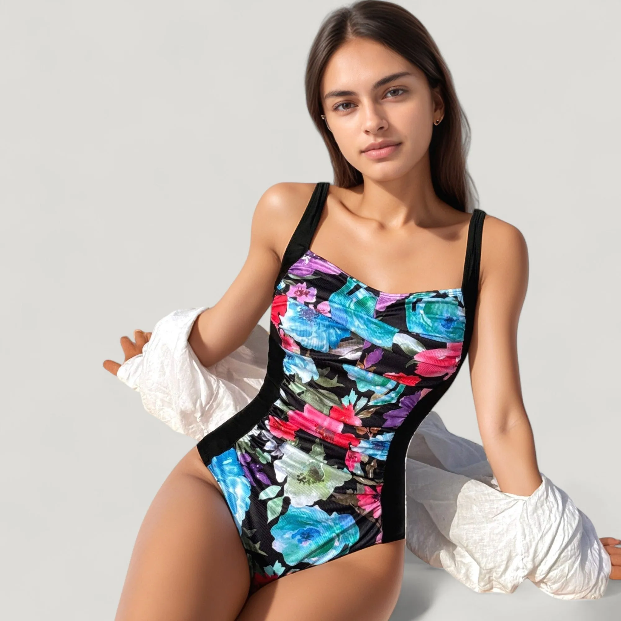 Anna-Kaci Swim Women's One-Piece Swimsuit with Ruched Floral Front Panel and Slimming Solid Side Insets sold by Anna-Kaci product image thumbnail 4