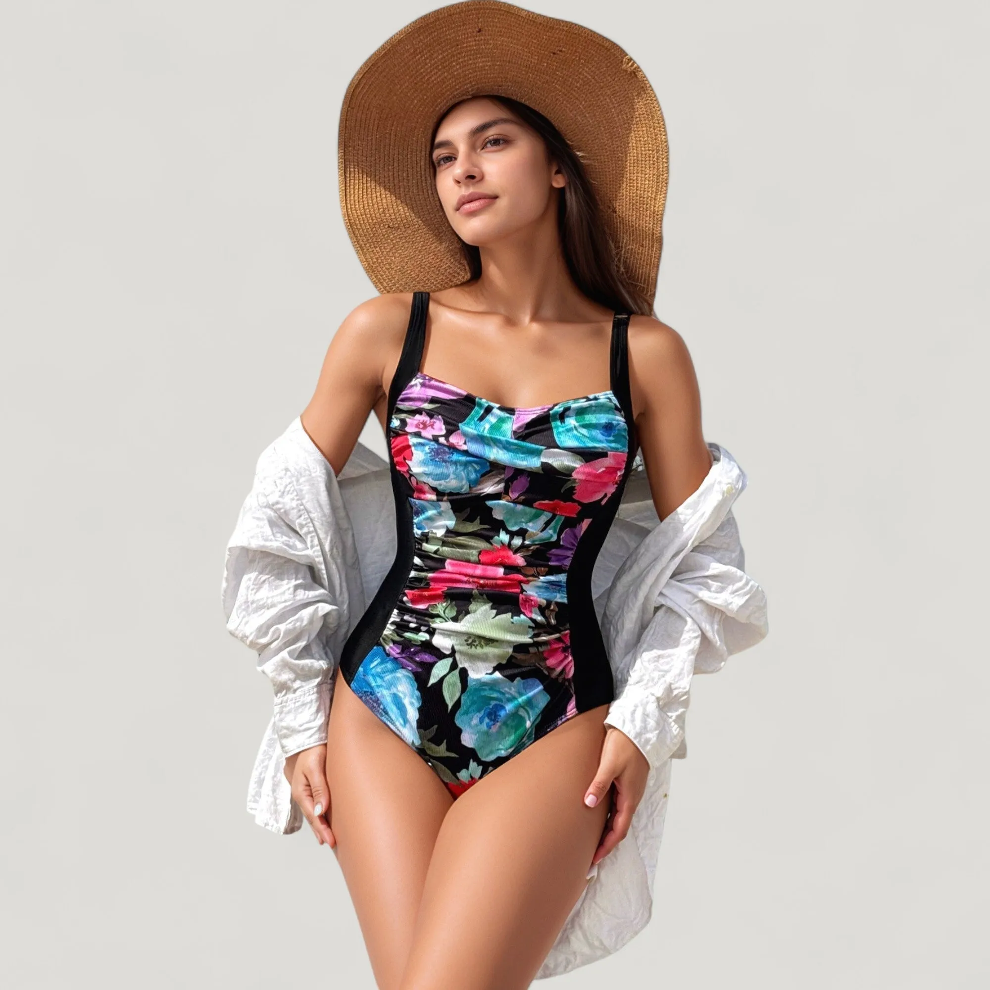 Anna-Kaci Swim Women's One-Piece Swimsuit with Ruched Floral Front Panel and Slimming Solid Side Insets sold by Anna-Kaci product image thumbnail 3