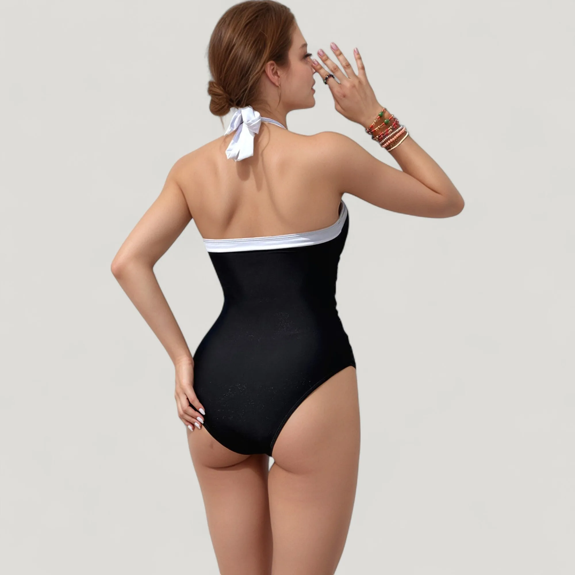 Anna-Kaci Swim Women's Halter One-Piece Swimsuit with Contrast Trim and Ruched Body for Flattering Support sold by Anna-Kaci product image thumbnail 5