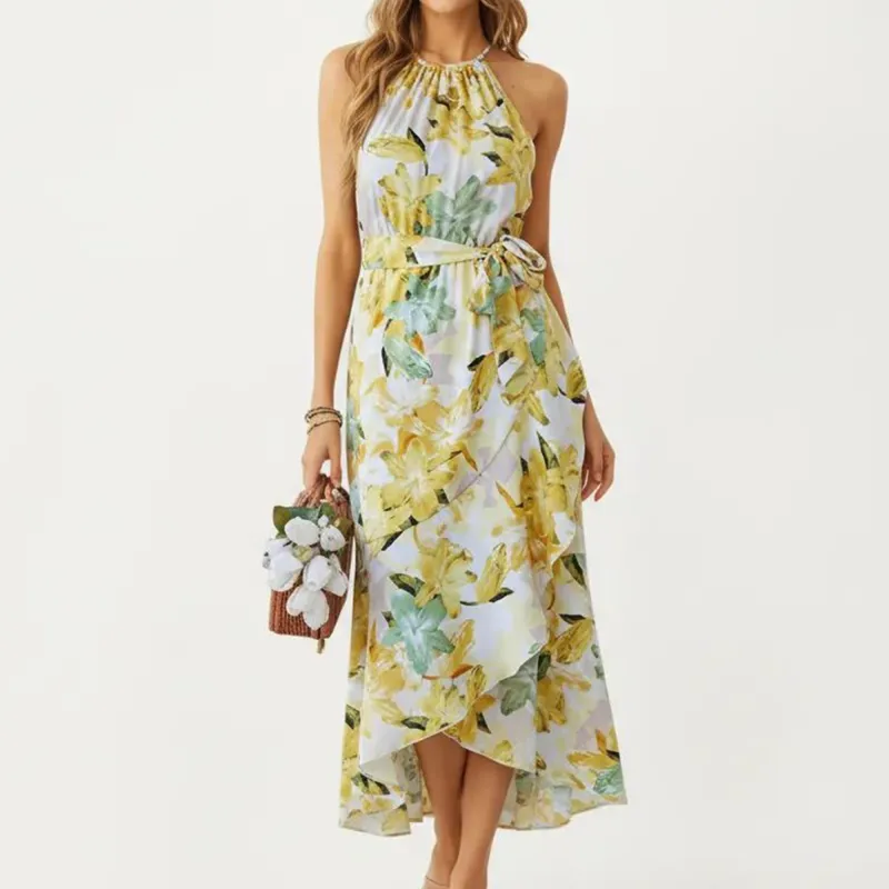 Anna-Kaci Women's Halter Neck Midi Dress with Floral Print and Asymmetrical Hem sold by Anna-Kaci