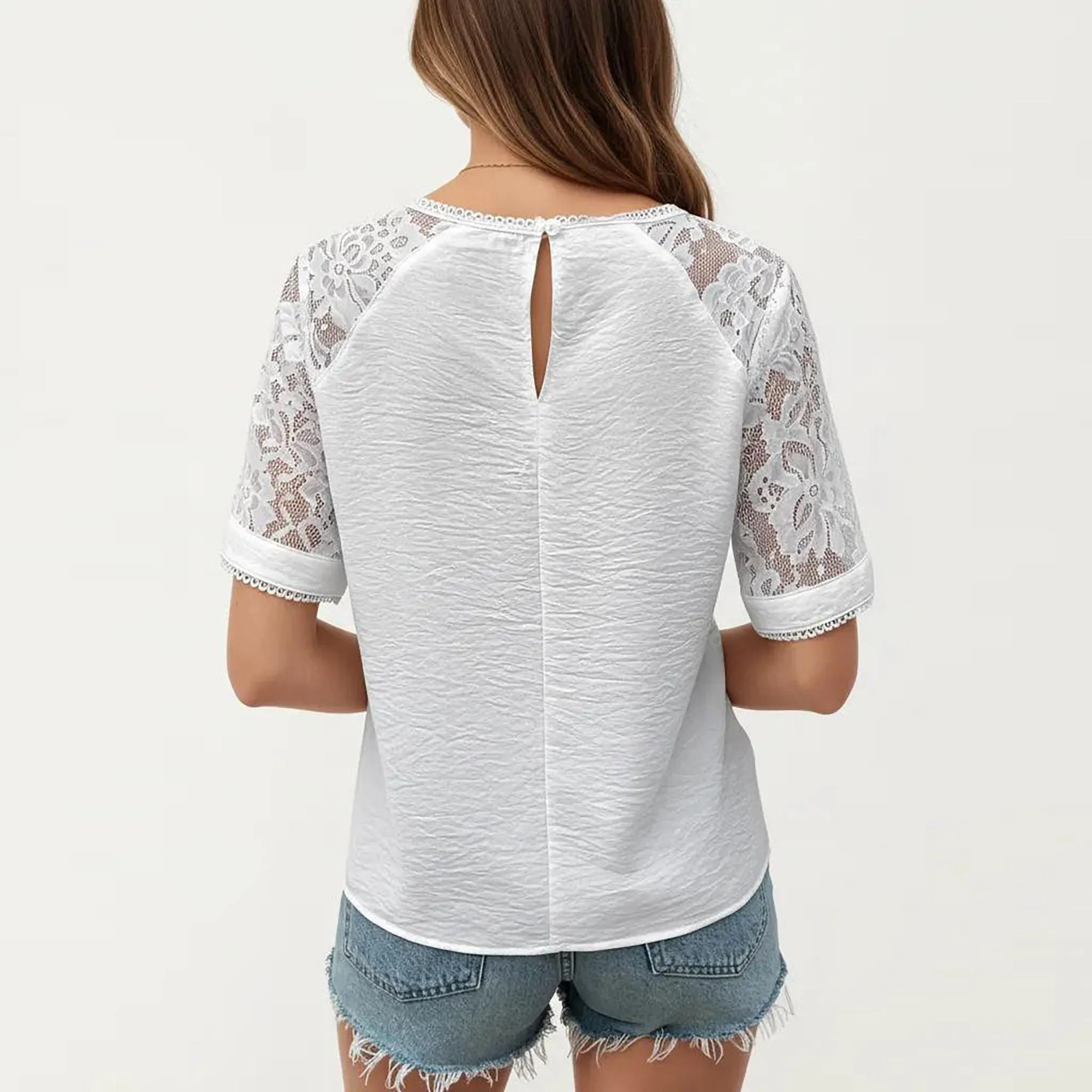 Anna-Kaci Women's Short Sleeve Textured Knit Top with Lace Raglan Sleeves and Vertical Seam Detail sold by Anna-Kaci product image thumbnail 5