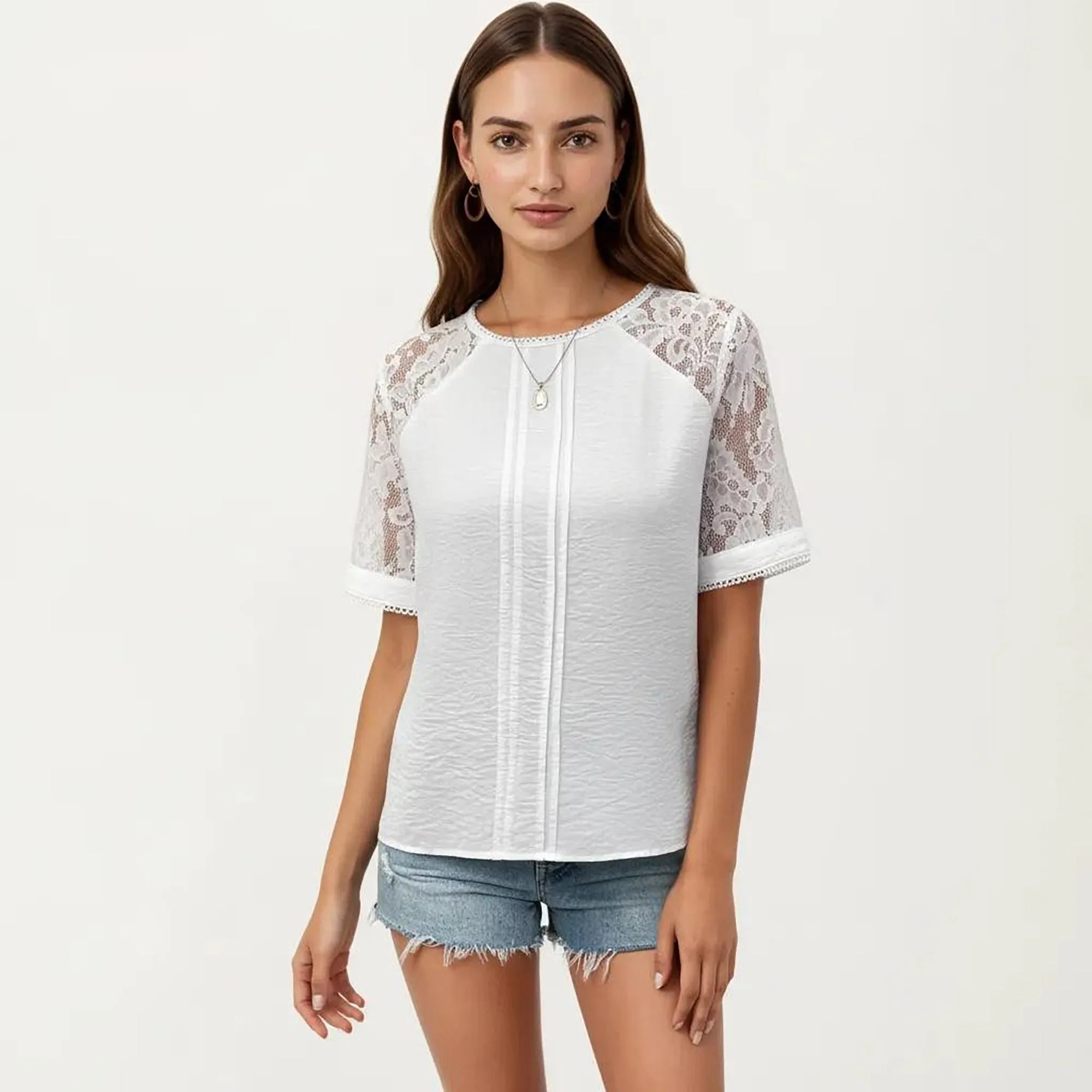 Anna-Kaci Women's Short Sleeve Textured Knit Top with Lace Raglan Sleeves and Vertical Seam Detail sold by Anna-Kaci product image thumbnail 2