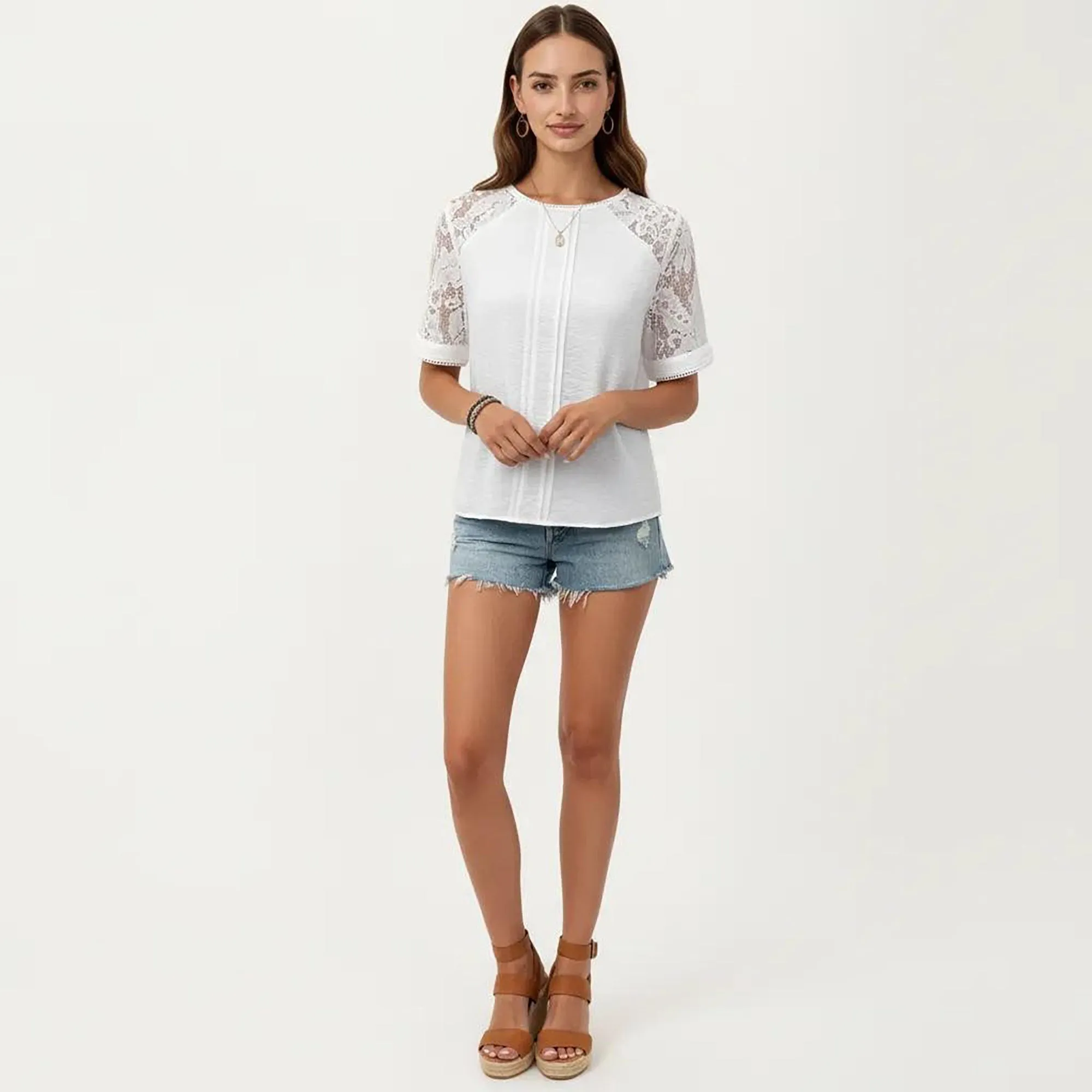 Anna-Kaci Women's Short Sleeve Textured Knit Top with Lace Raglan Sleeves and Vertical Seam Detail sold by Anna-Kaci product image thumbnail 3