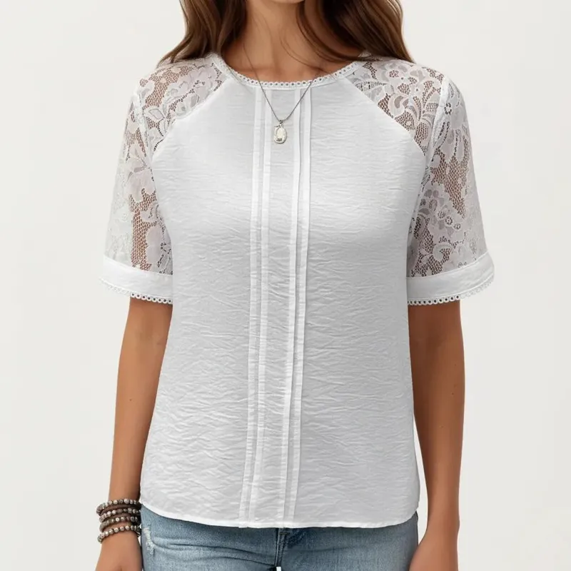 Anna-Kaci Women's Short Sleeve Textured Knit Top with Lace Raglan Sleeves and Vertical Seam Detail made by Anna-Kaci