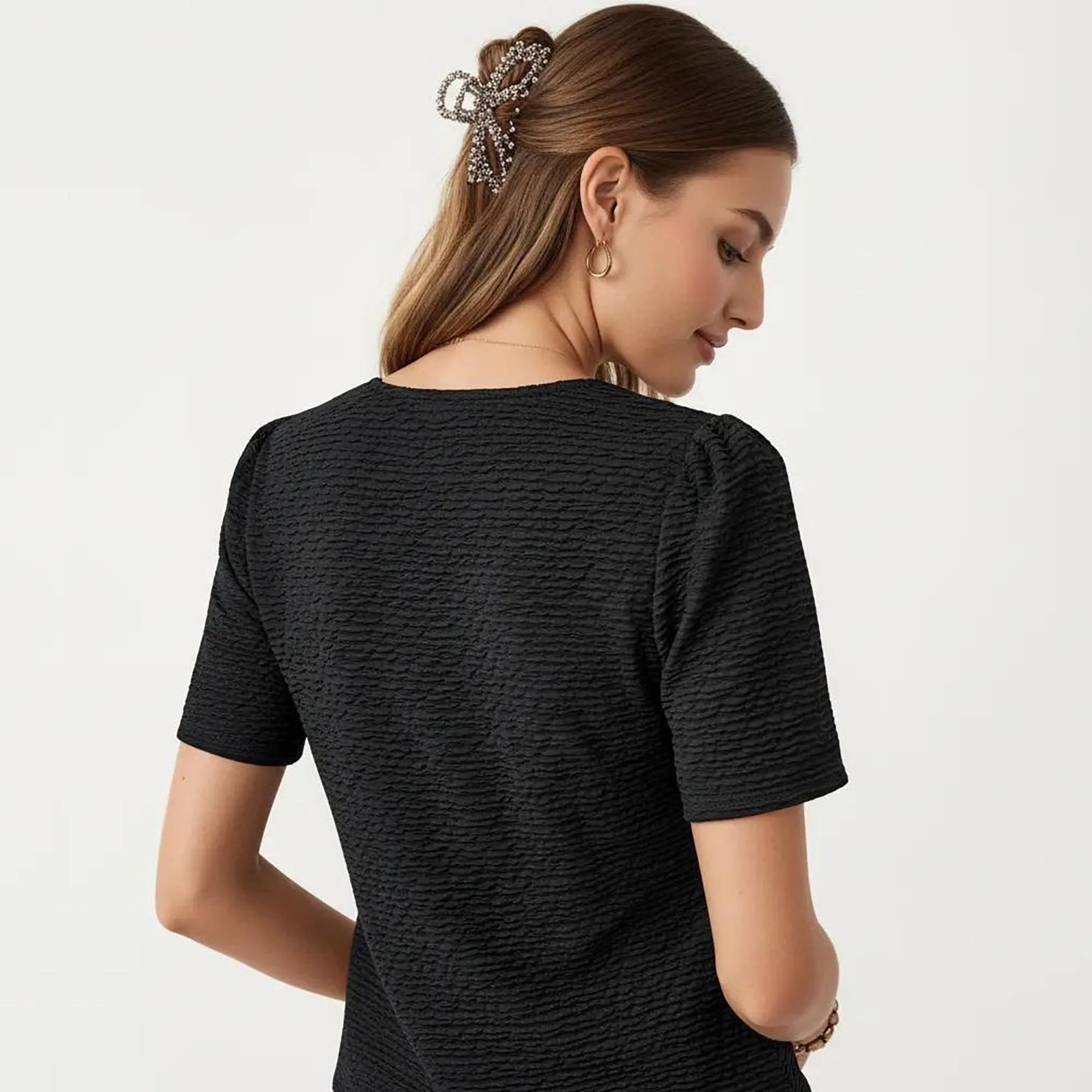 Anna-Kaci Women's Short Sleeve Textured Knit V-Neck Front Tie Top sold by Anna-Kaci product image thumbnail 5