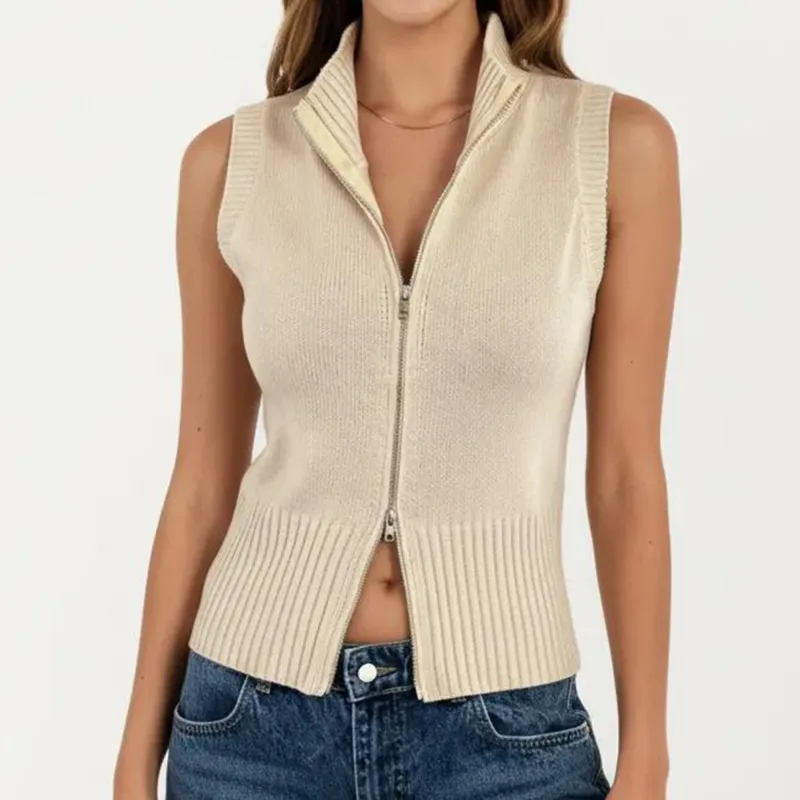 Anna-Kaci Women's Sleeveless Ribbed Knit Zip Front Collared Top made by Anna-Kaci