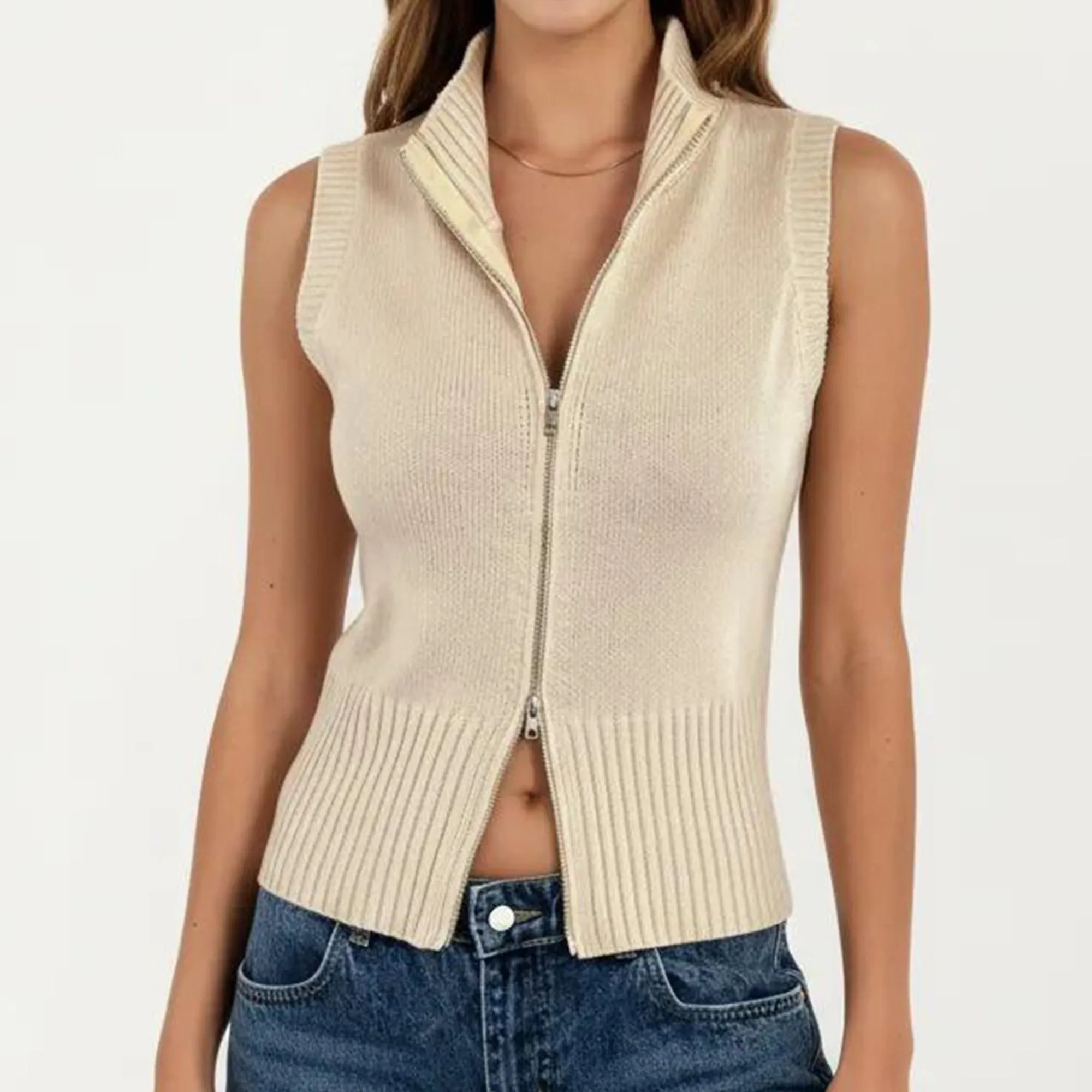 Anna-Kaci Women's Sleeveless Ribbed Knit Zip Front Collared Top sold by Anna-Kaci