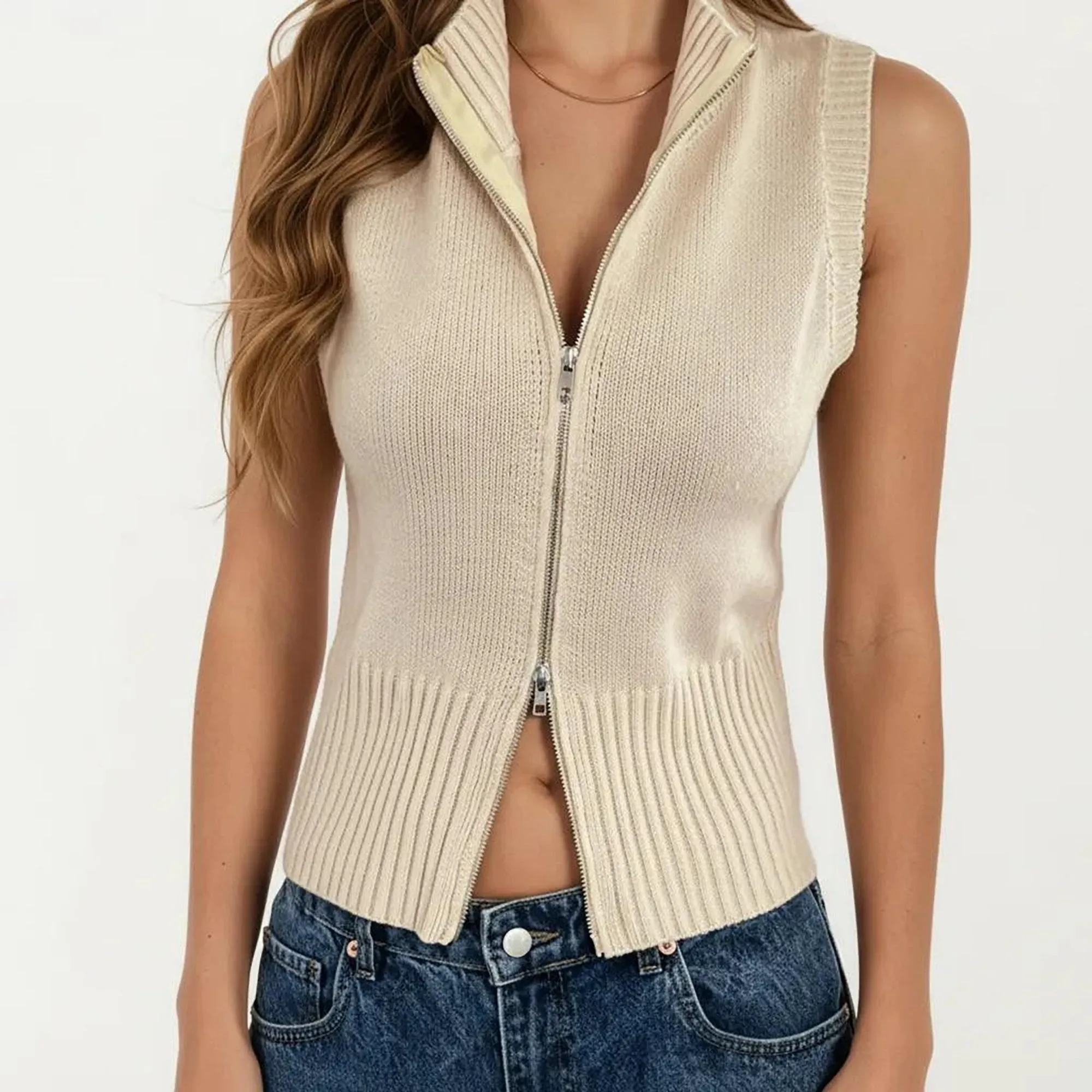 Anna-Kaci Women's Sleeveless Ribbed Knit Zip Front Collared Top sold by Anna-Kaci product image thumbnail 5