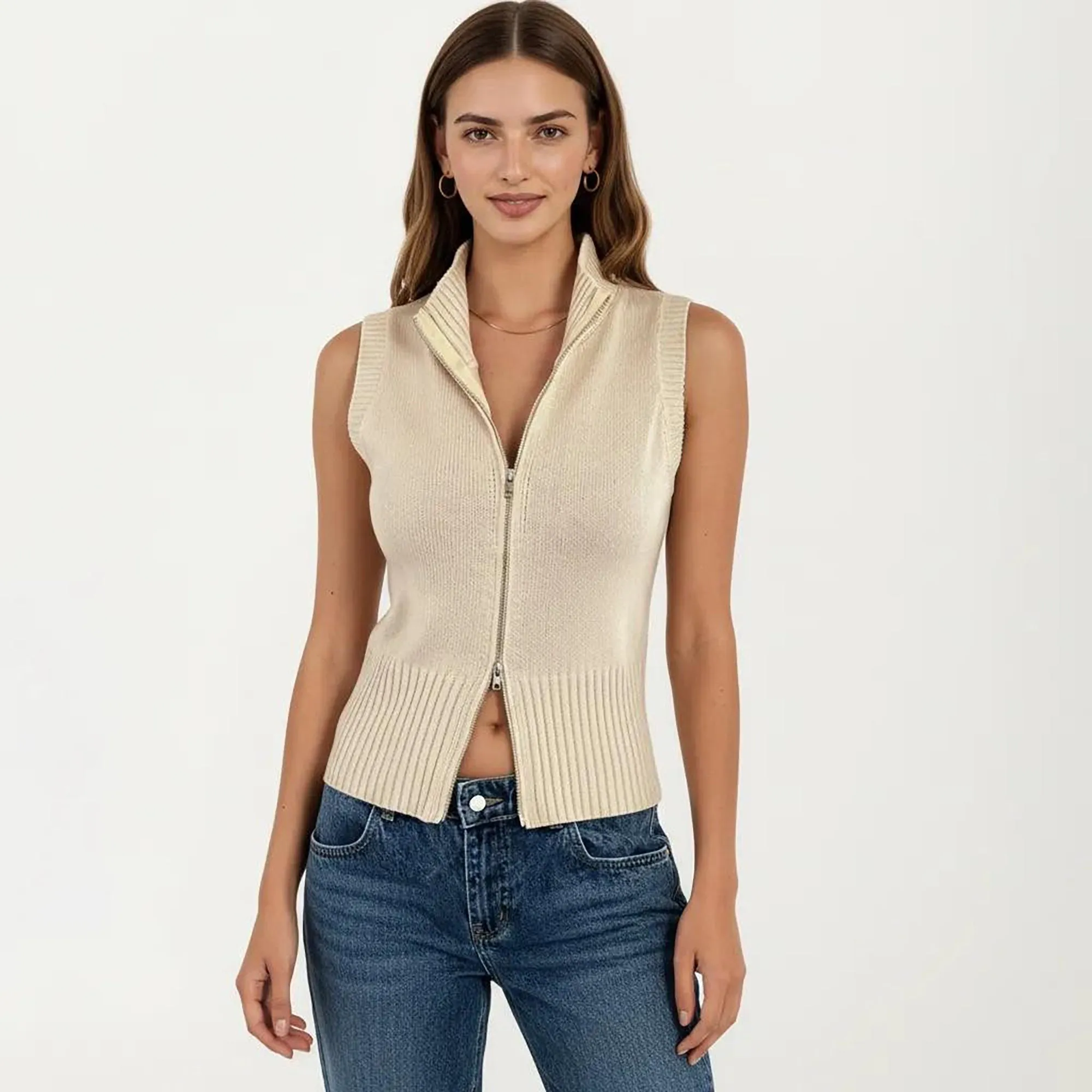 Anna-Kaci Women's Sleeveless Ribbed Knit Zip Front Collared Top sold by Anna-Kaci product image thumbnail 2