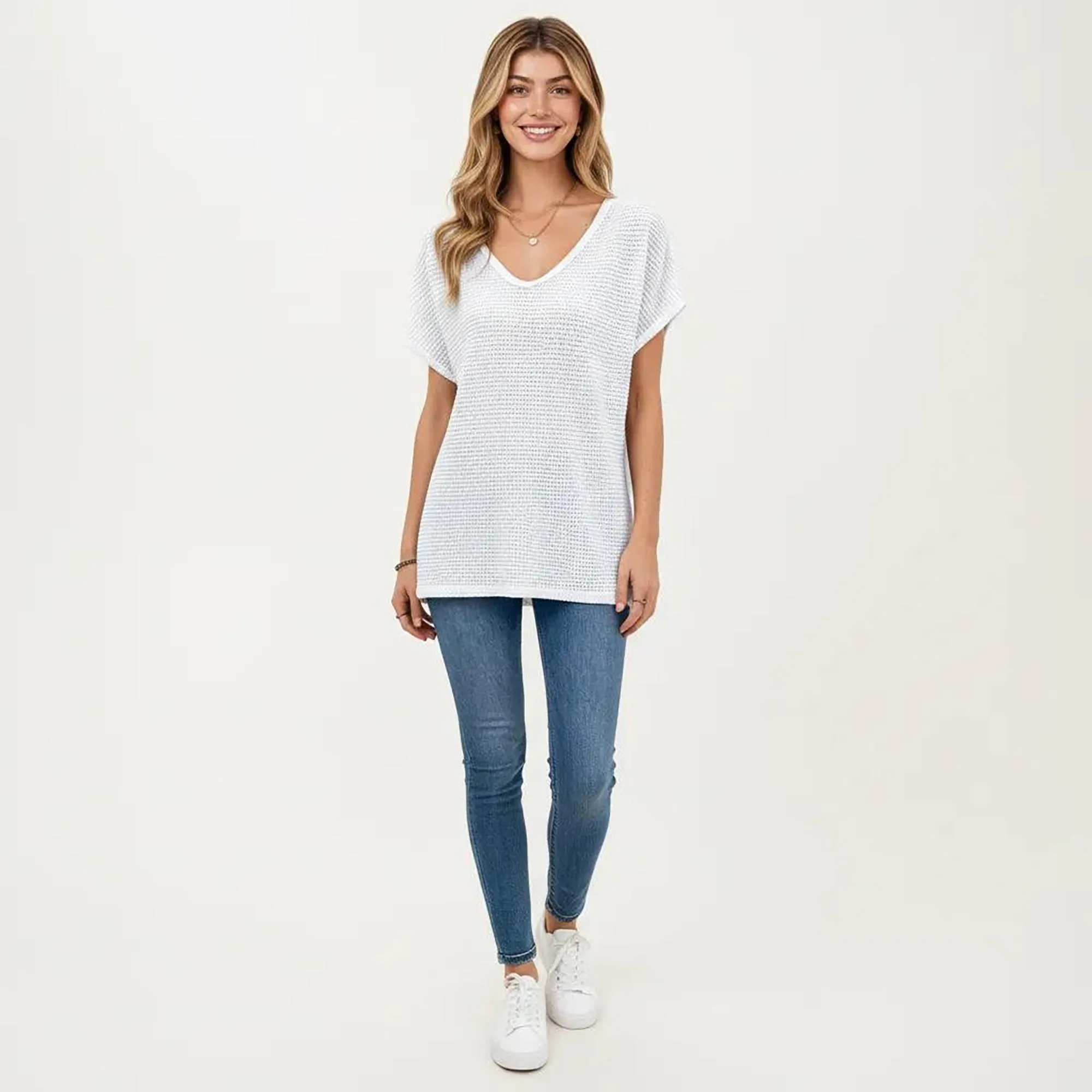 Anna-Kaci Women's Short Sleeve Waffle Knit V-Neck Relaxed Fit Top sold by Anna-Kaci product image thumbnail 3