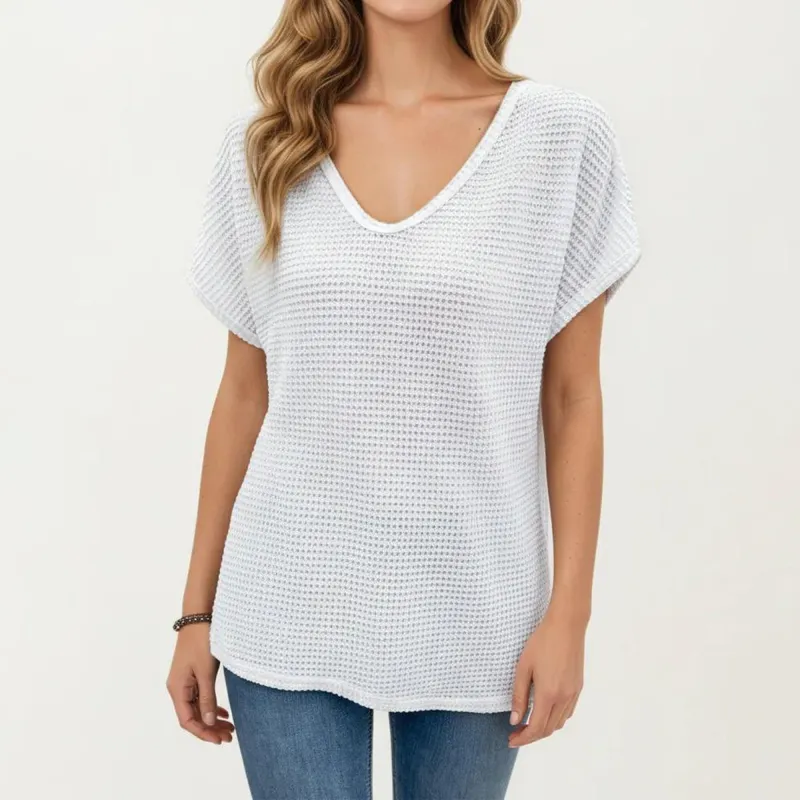 Anna-Kaci Women's Short Sleeve Waffle Knit V-Neck Relaxed Fit Top made by Anna-Kaci