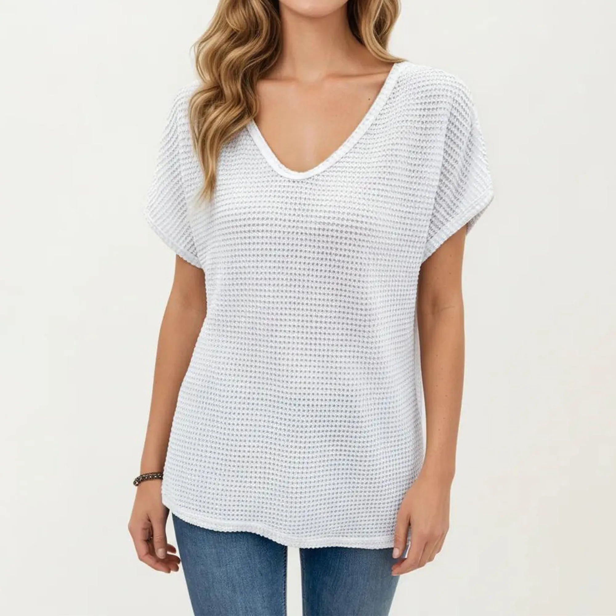 Anna-Kaci Women's Short Sleeve Waffle Knit V-Neck Relaxed Fit Top sold by Anna-Kaci