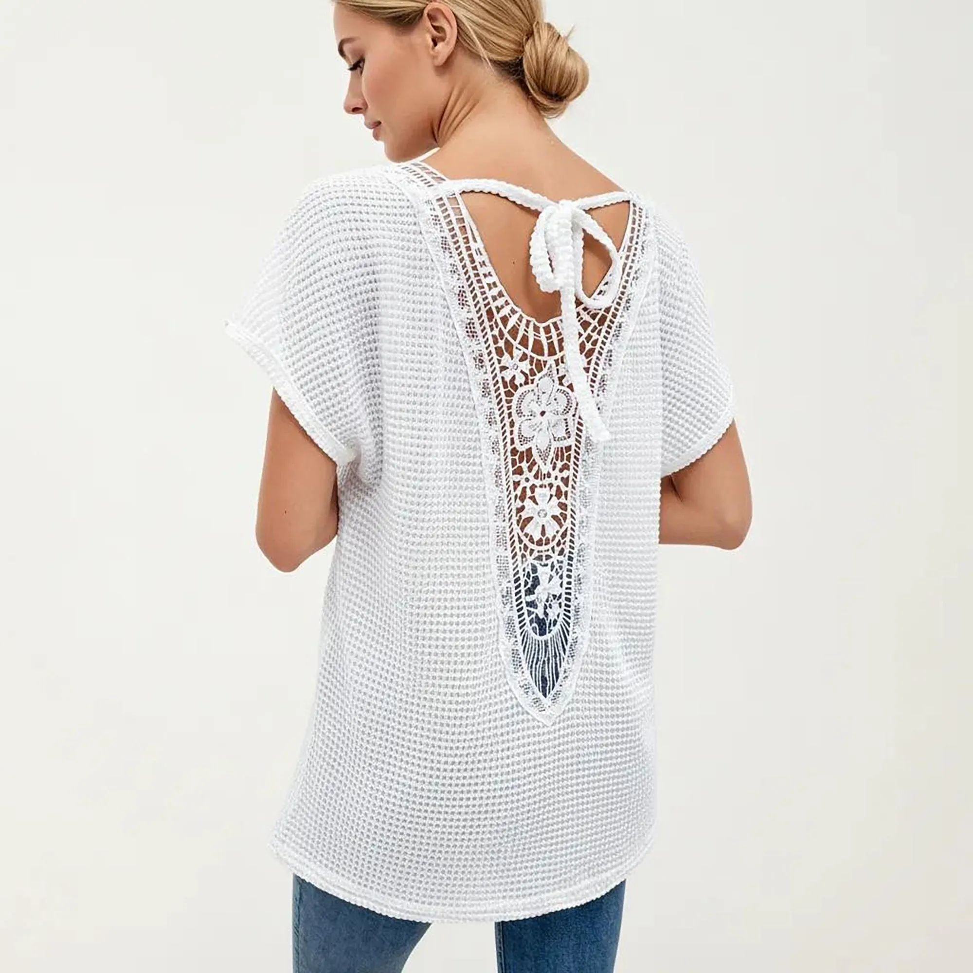 Anna-Kaci Women's Short Sleeve Waffle Knit V-Neck Relaxed Fit Top sold by Anna-Kaci product image thumbnail 5