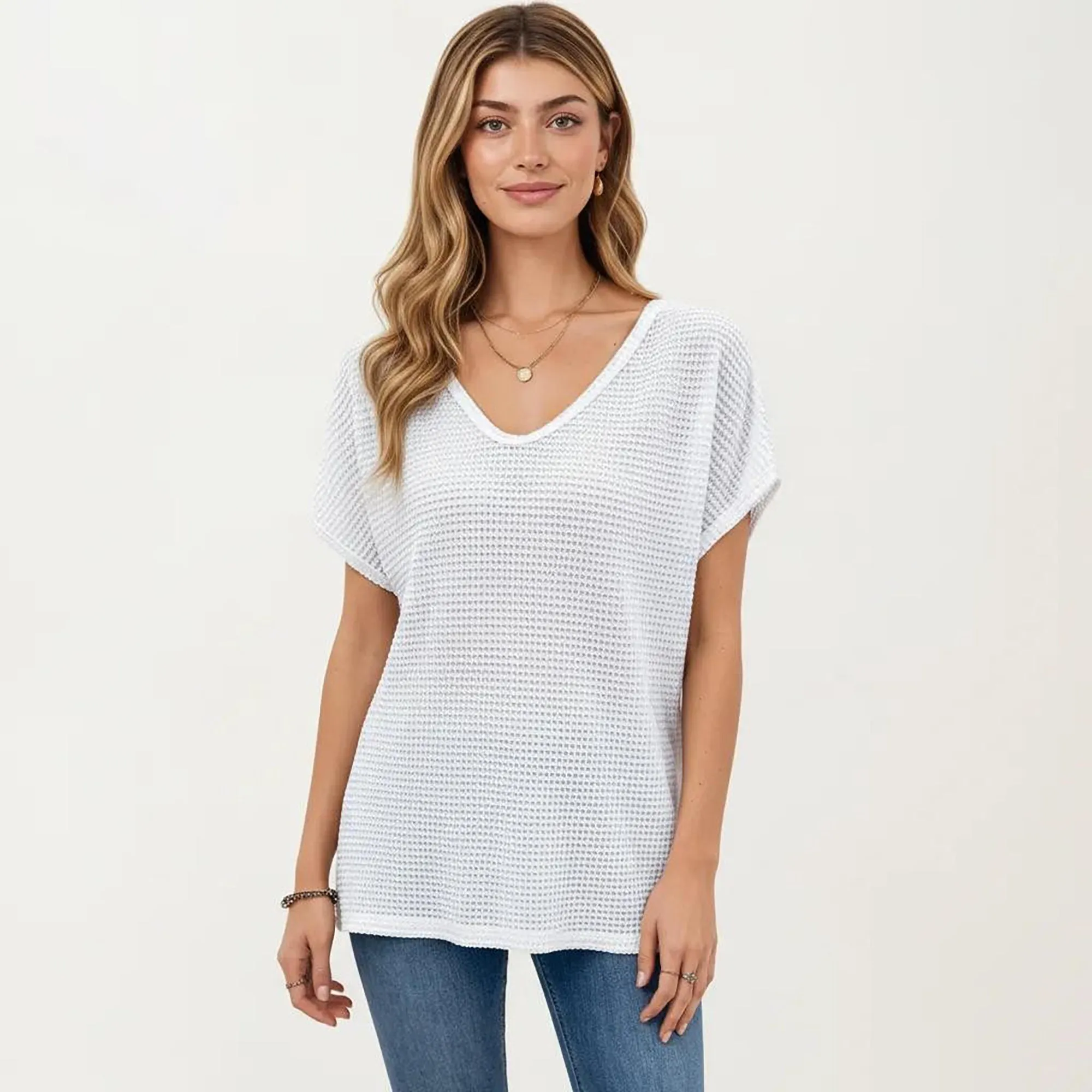 Anna-Kaci Women's Short Sleeve Waffle Knit V-Neck Relaxed Fit Top sold by Anna-Kaci product image thumbnail 2