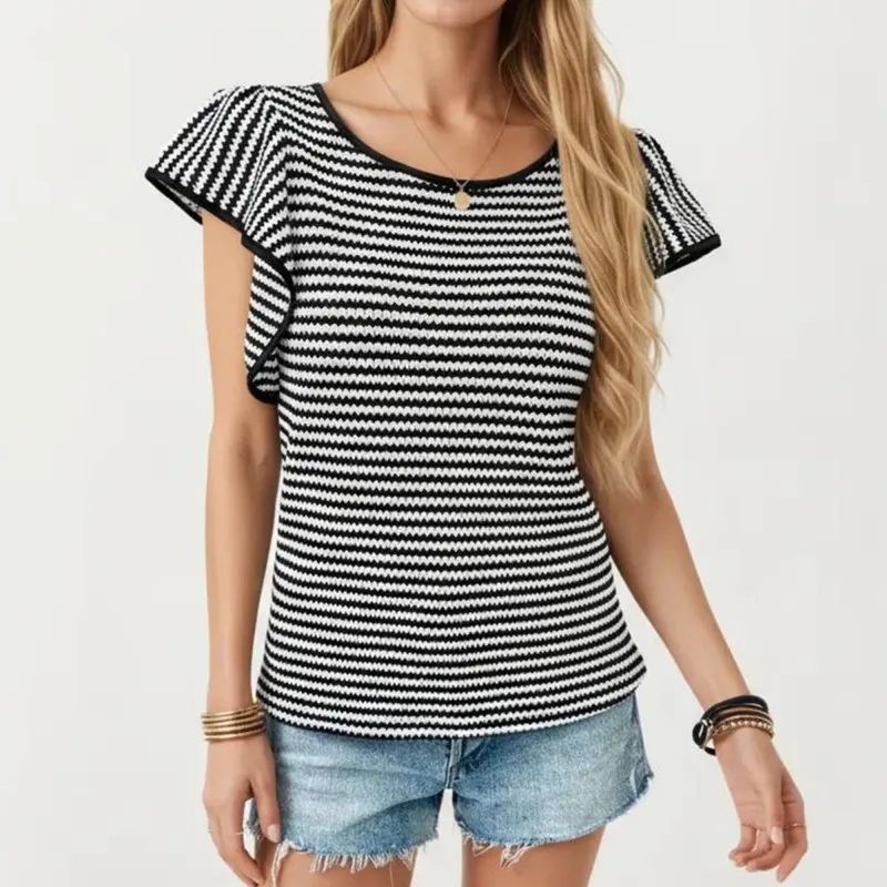 Anna-Kaci Women's Striped Short Sleeve Knit Top with Ruffle Sleeve Detail made by Anna-Kaci