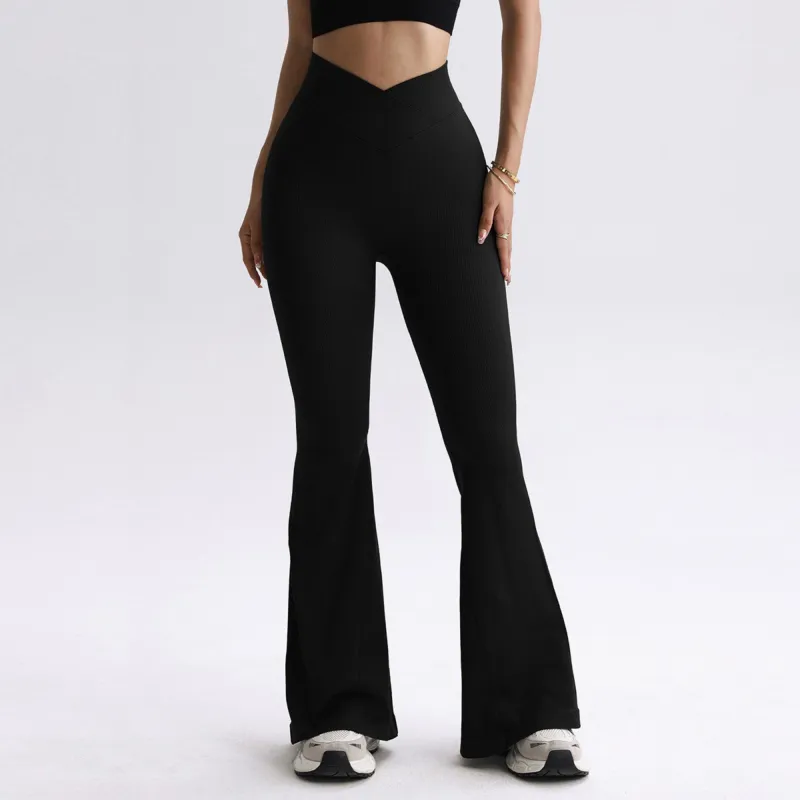 Anna-Kaci Active Women's High Waist Flare Leggings with V-Shaped Waistband and Stretch Rib Knit Fabric made by Anna-Kaci