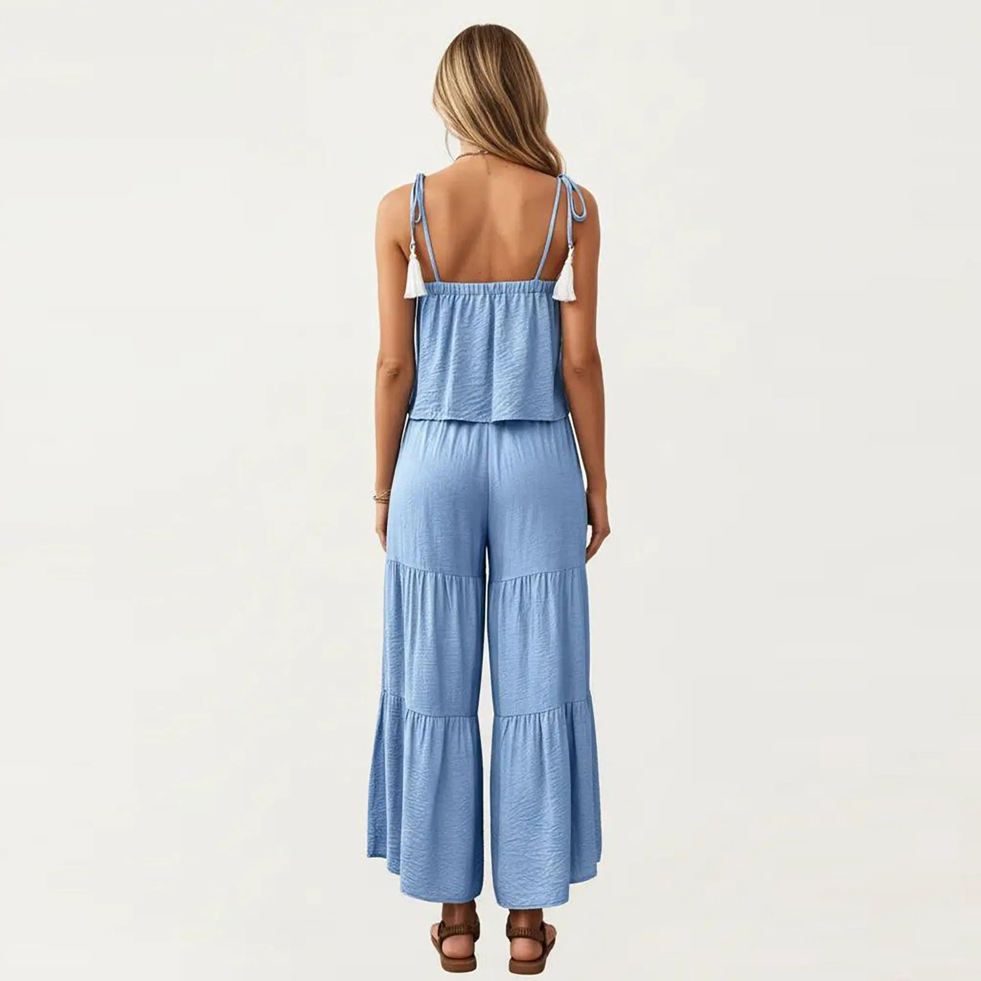 Anna-Kaci Women's 2-Piece Sleeveless Crop Top and Wide Leg Pants Set with Tie Straps Drawstring Waist and Tiered Legs sold by Anna-Kaci product image thumbnail 4