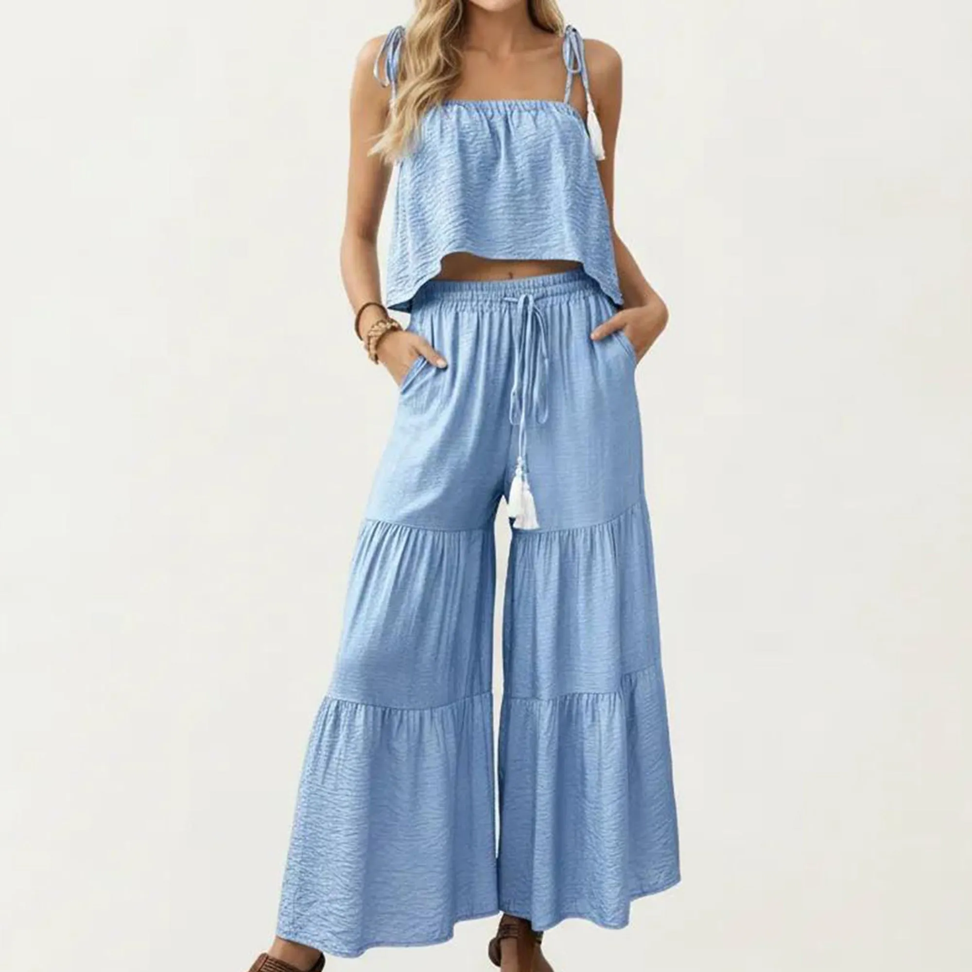 Anna-Kaci Women's 2-Piece Sleeveless Crop Top and Wide Leg Pants Set with Tie Straps Drawstring Waist and Tiered Legs sold by Anna-Kaci