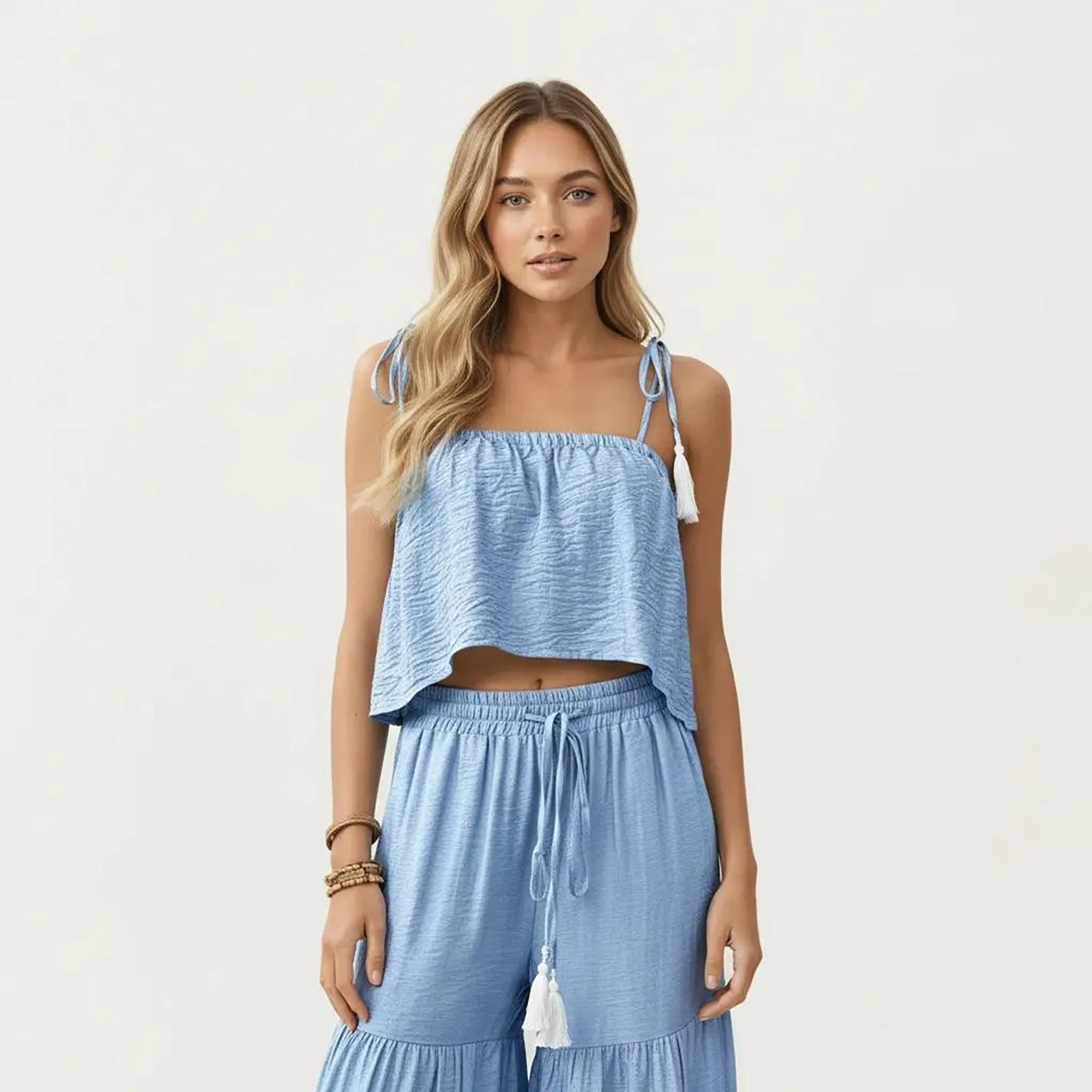 Anna-Kaci Women's 2-Piece Sleeveless Crop Top and Wide Leg Pants Set with Tie Straps Drawstring Waist and Tiered Legs sold by Anna-Kaci product image thumbnail 5