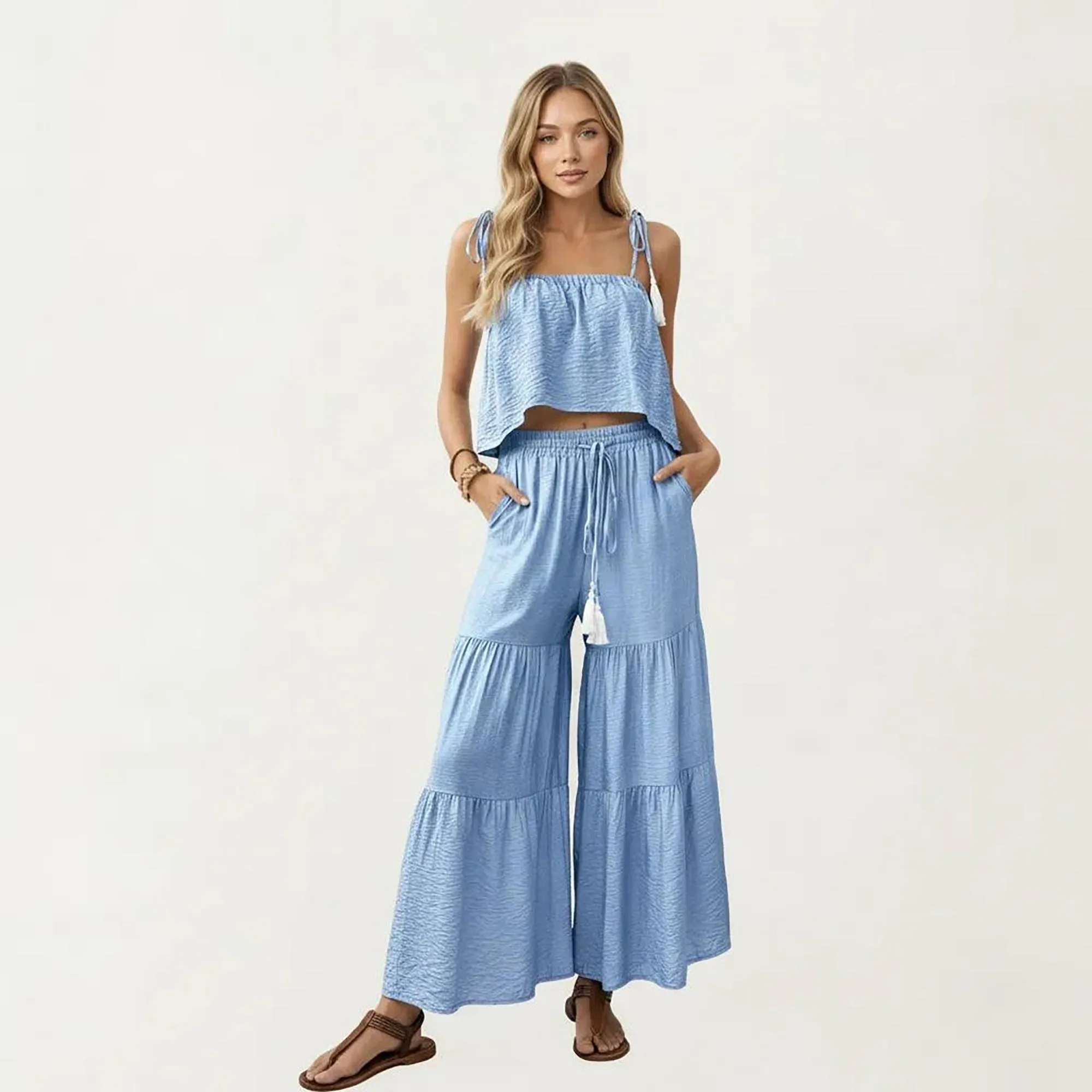 Anna-Kaci Women's 2-Piece Sleeveless Crop Top and Wide Leg Pants Set with Tie Straps Drawstring Waist and Tiered Legs sold by Anna-Kaci product image thumbnail 2