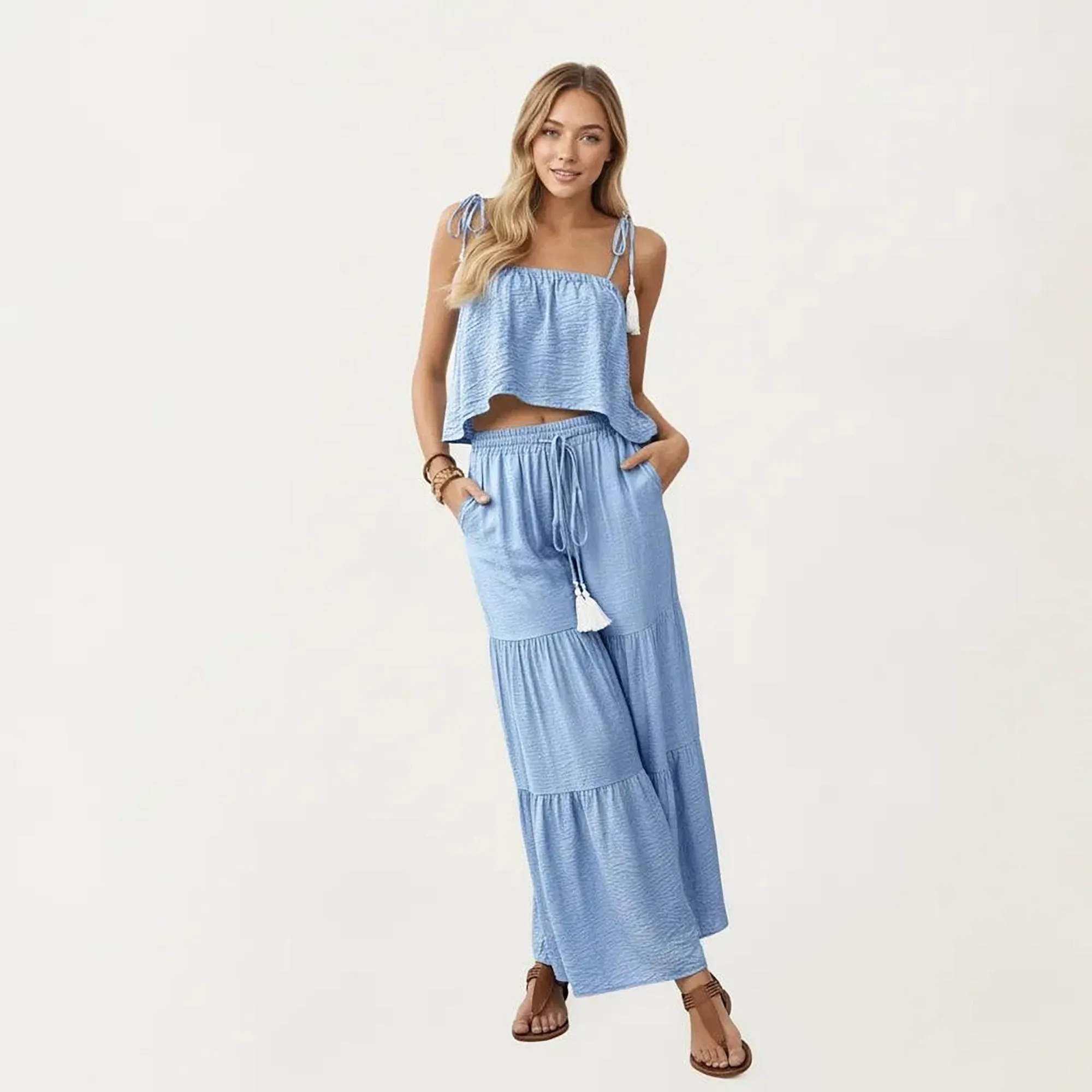 Anna-Kaci Women's 2-Piece Sleeveless Crop Top and Wide Leg Pants Set with Tie Straps Drawstring Waist and Tiered Legs sold by Anna-Kaci product image thumbnail 3