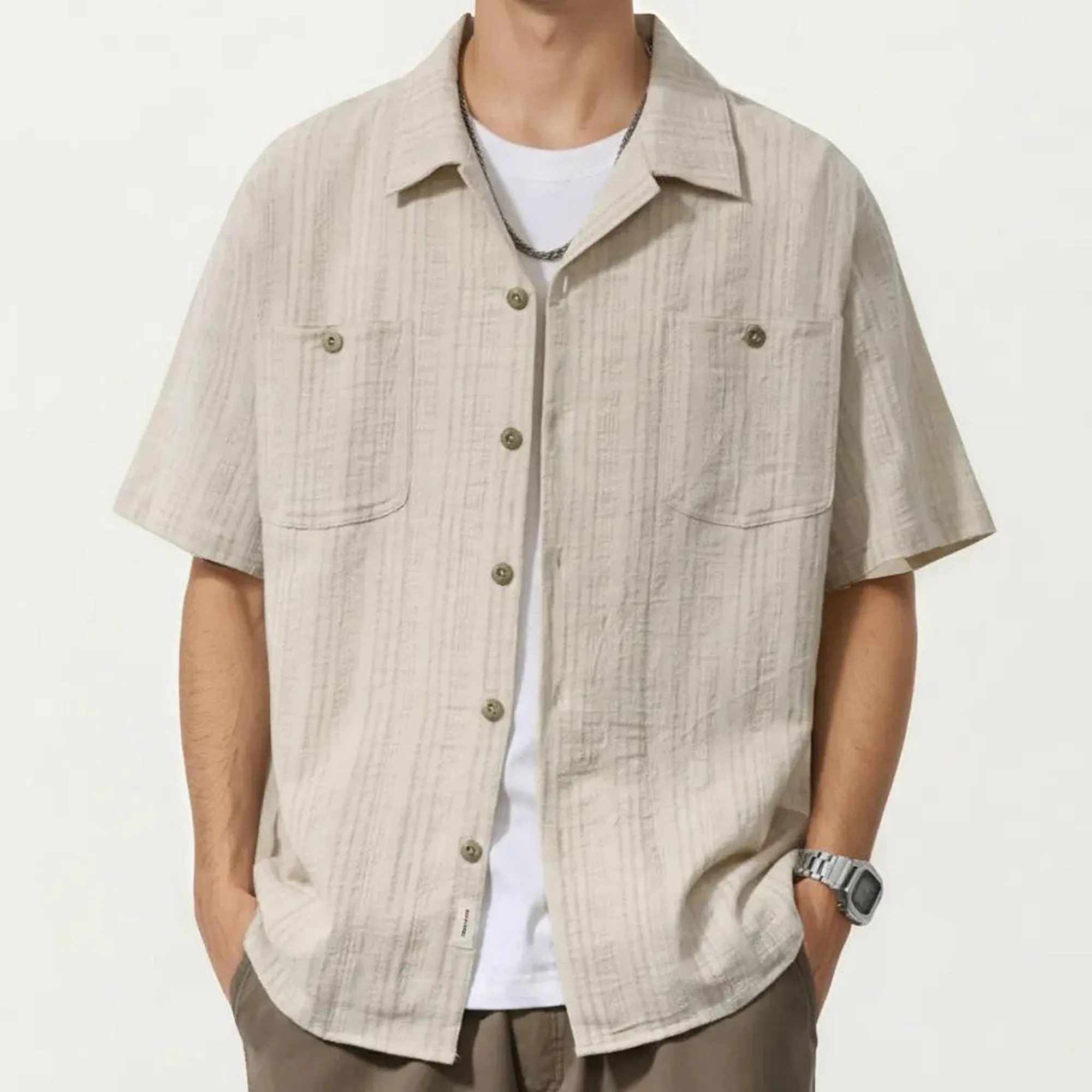 Anna-Kaci Men's Short Sleeve Button-Up Shirt with Textured Fabric and Dual Chest Pockets sold by Anna-Kaci