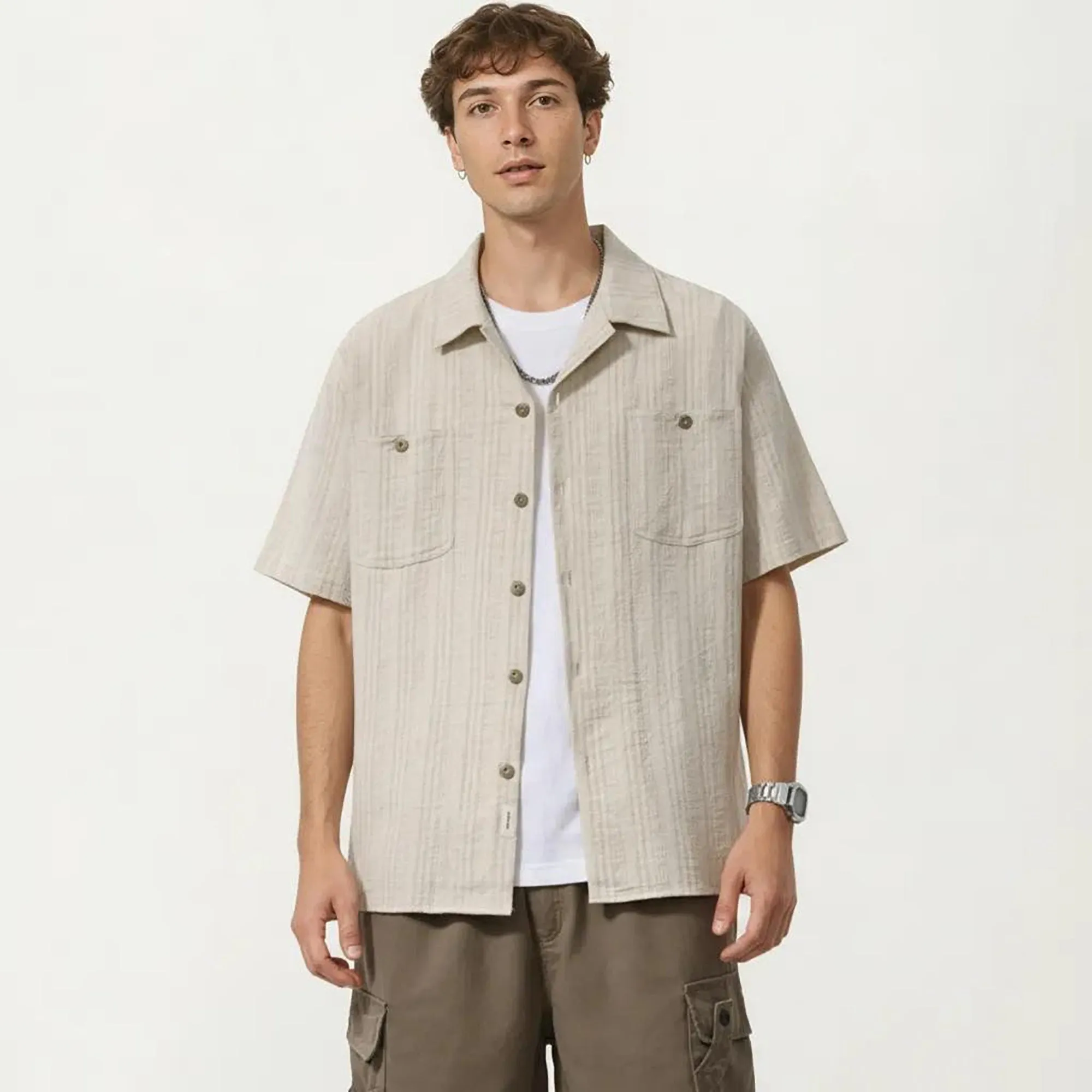 Anna-Kaci Men's Short Sleeve Button-Up Shirt with Textured Fabric and Dual Chest Pockets sold by Anna-Kaci product image thumbnail 2
