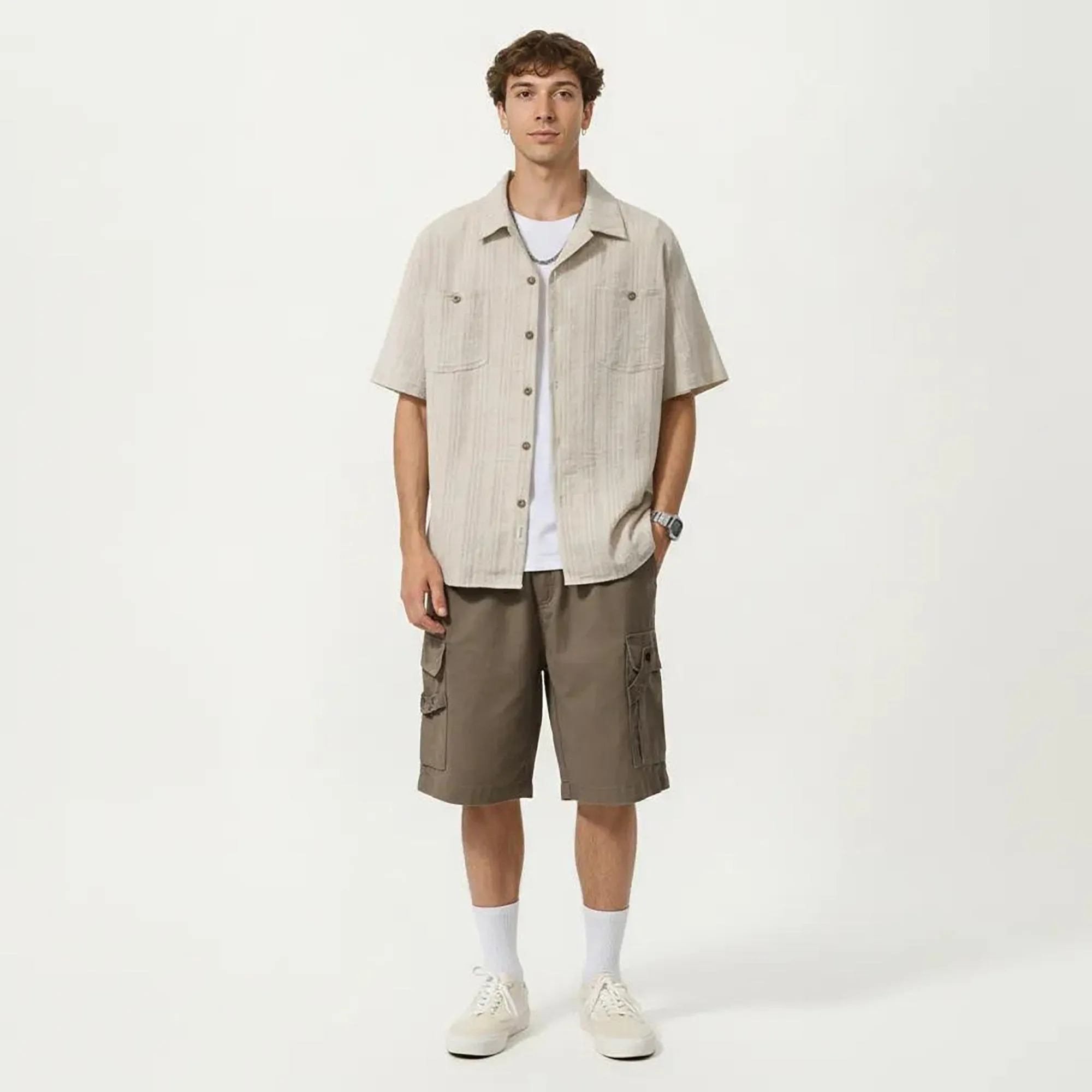 Anna-Kaci Men's Short Sleeve Button-Up Shirt with Textured Fabric and Dual Chest Pockets sold by Anna-Kaci product image thumbnail 3