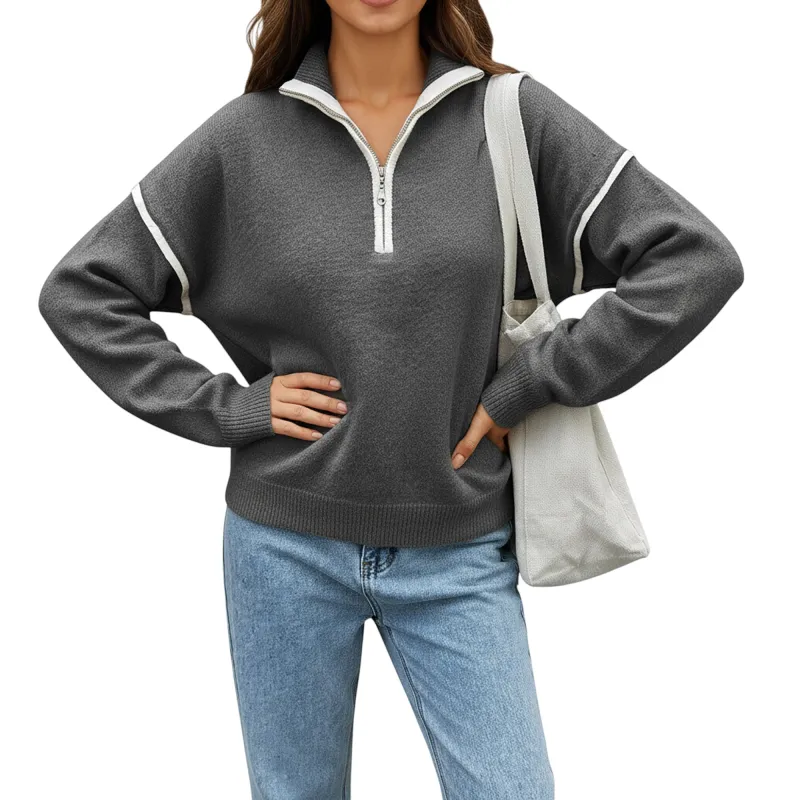 Anna-Kaci Women's Long Sleeve Pullover Knit Top with Quarter Zip Front Contrast Trim and Ribbed Hem made by Anna-Kaci