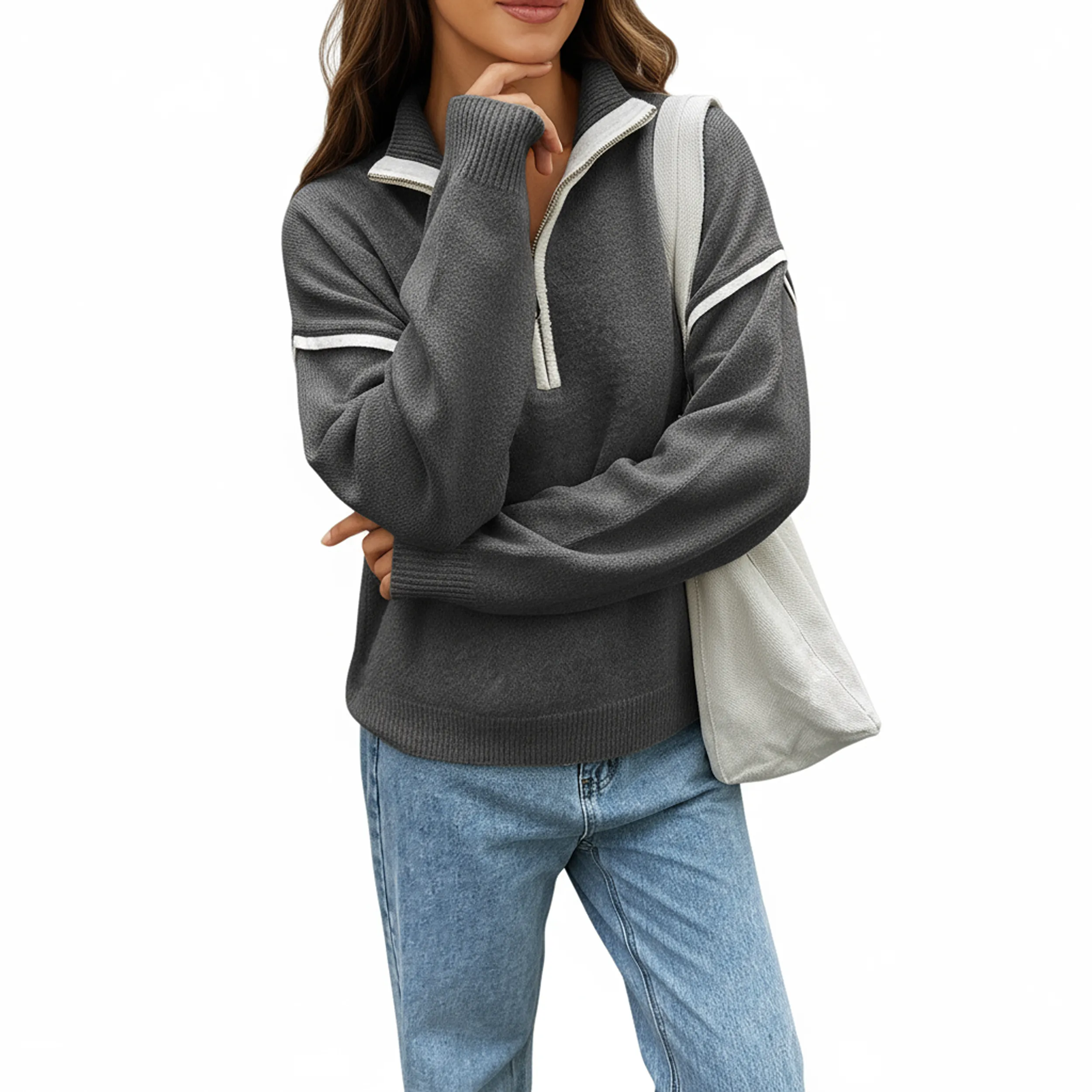 Anna-Kaci Women's Long Sleeve Pullover Knit Top with Quarter Zip Front Contrast Trim and Ribbed Hem sold by Anna-Kaci product image thumbnail 5