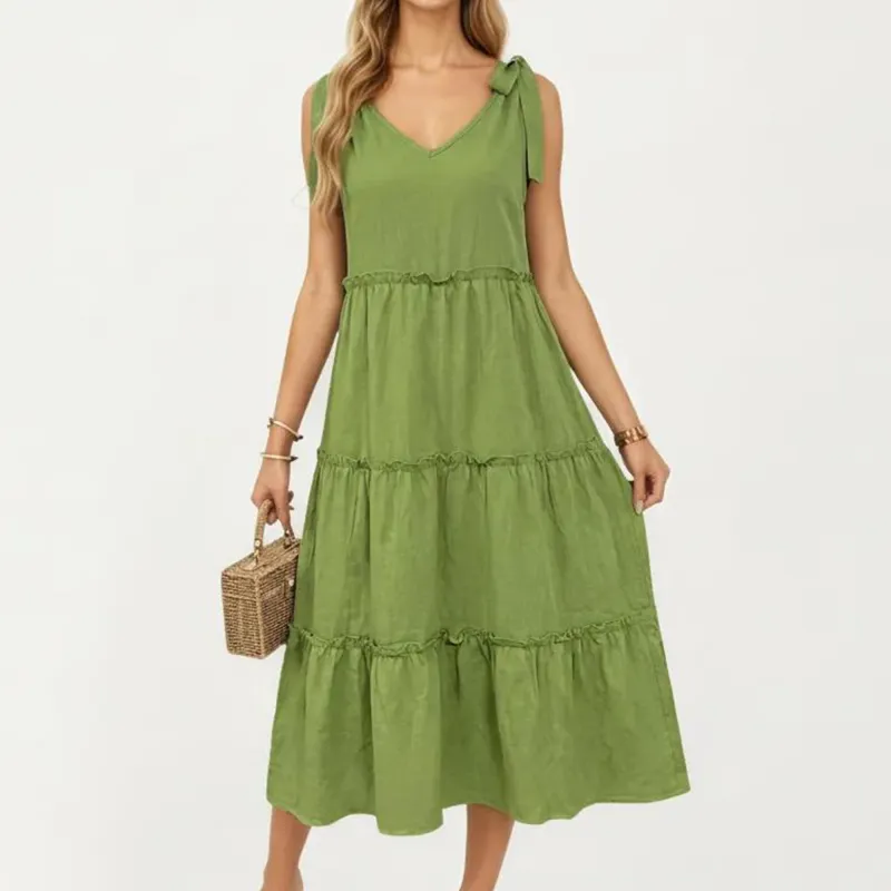 Anna-Kaci Women's Sleeveless Tiered Midi Dress with V Neckline and Shoulder Tie Detail sold by Anna-Kaci