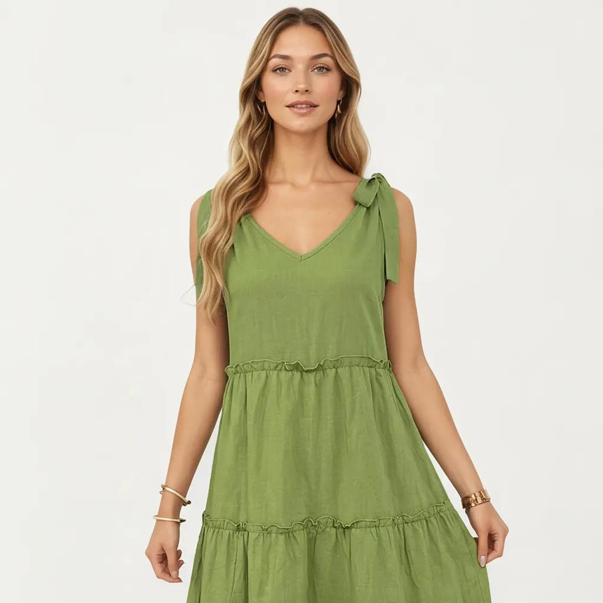 Anna-Kaci Women's Sleeveless Tiered Midi Dress with V Neckline and Shoulder Tie Detail sold by Anna-Kaci product image thumbnail 3