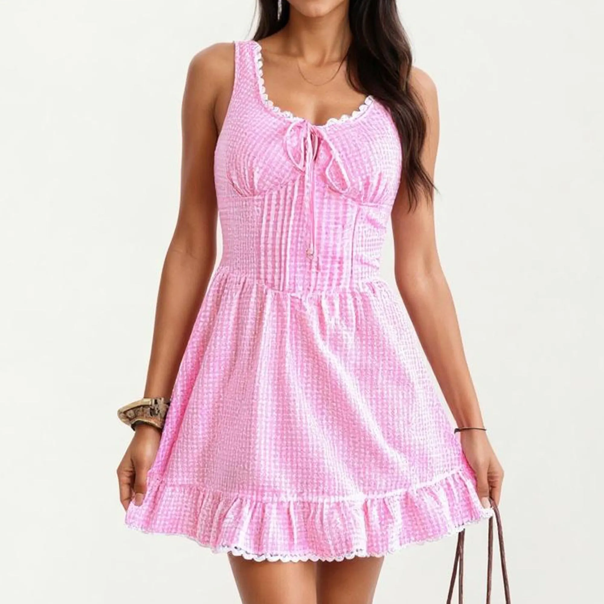 Anna-Kaci Women's Sleeveless Smocked Mini Dress with Tie Front Bodice and Ruffled Hem sold by Anna-Kaci