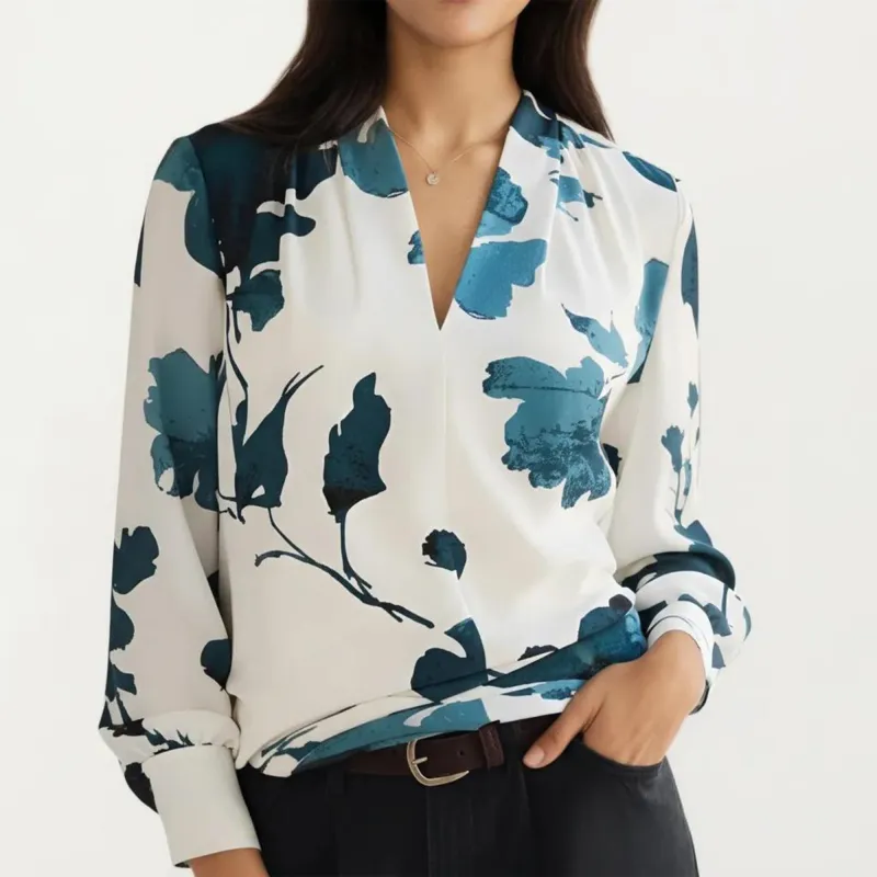Anna-Kaci Women's Floral Print Long Sleeve Blouse with V Neckline and Soft Draped Fit made by Anna-Kaci