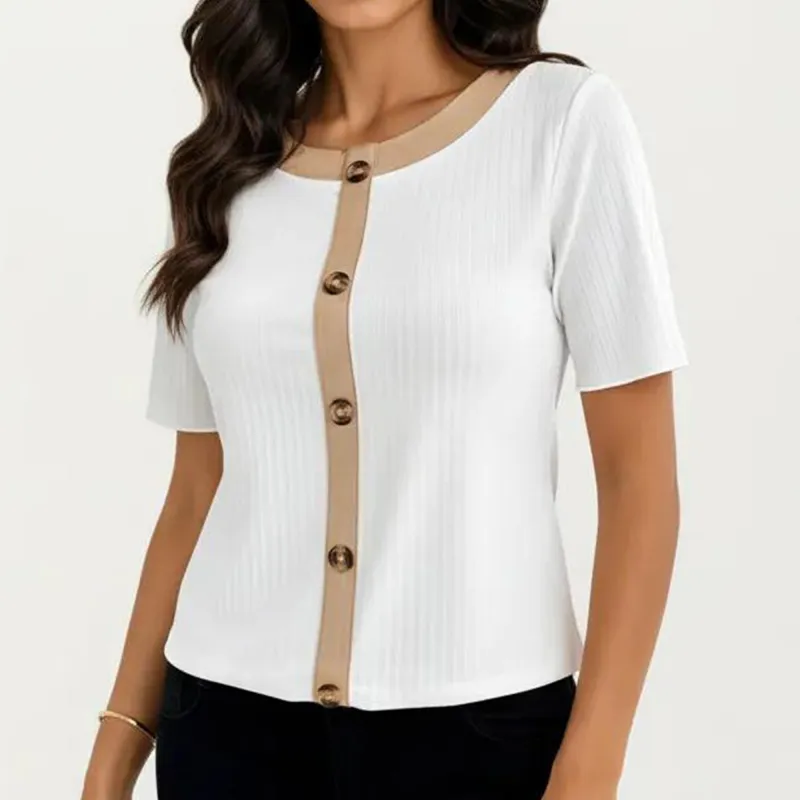 Anna-Kaci Women's Short Sleeve Ribbed Knit Top with Contrast Trim Button Front and Rounded Neckline sold by Anna-Kaci