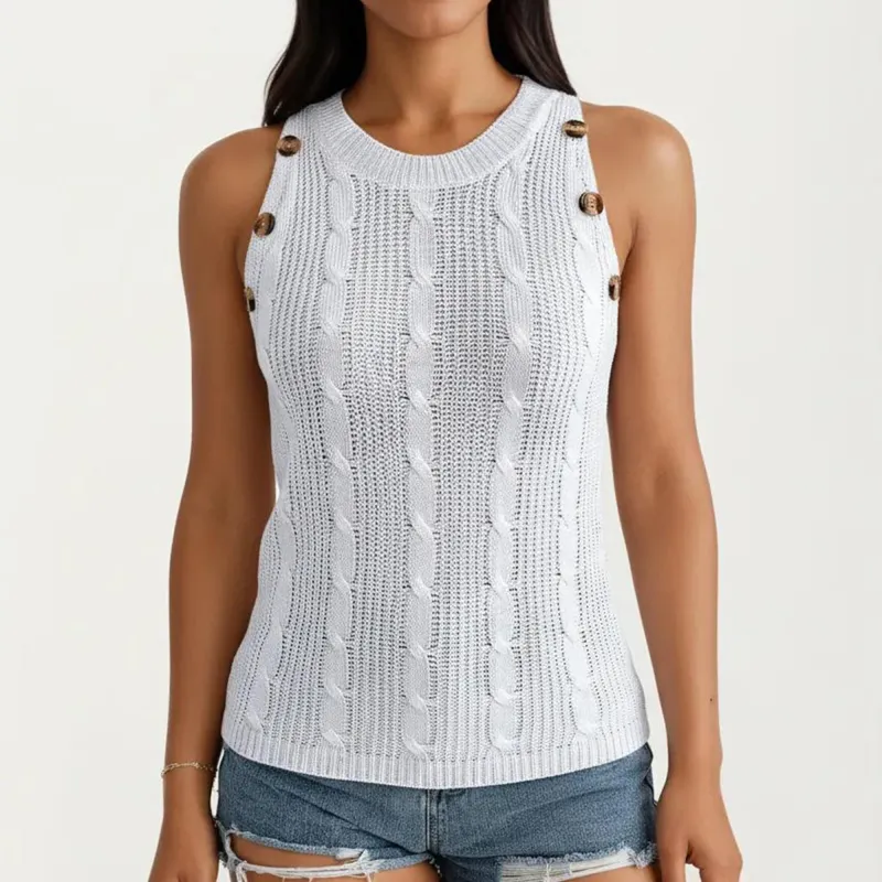 Anna-Kaci Women's Sleeveless Cable Knit Tank Top with Shoulder Button Detail and Ribbed Hem made by Anna-Kaci
