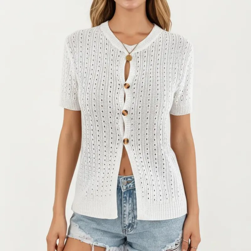 Anna-Kaci Women's Short Sleeve Open Knit Button Front Sweater Top with Crew Neck and Relaxed Fit sold by Anna-Kaci