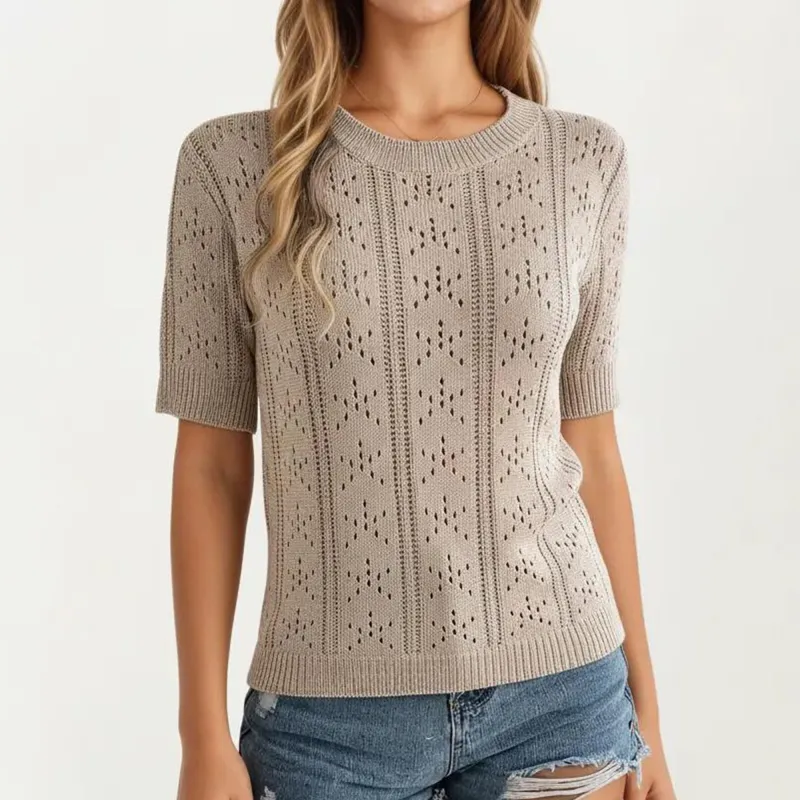 Anna-Kaci Women's Short Sleeve Open Knit Pullover Sweater Top with Crew Neck and Relaxed Fit sold by Anna-Kaci