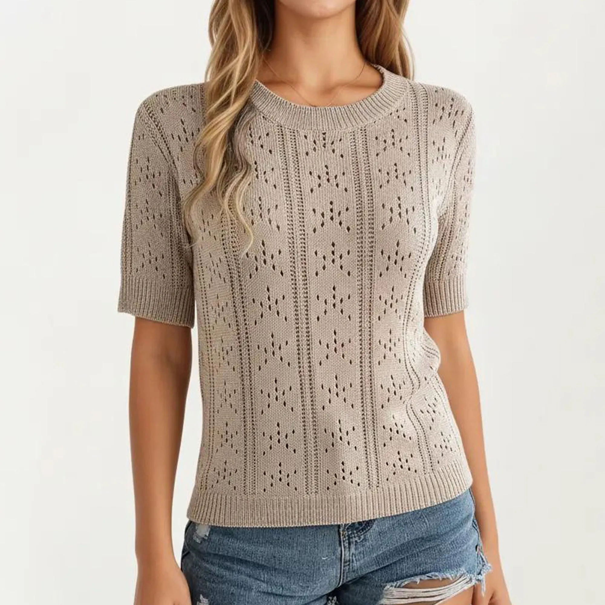 Anna-Kaci Women's Short Sleeve Open Knit Pullover Sweater Top with Crew Neck and Relaxed Fit sold by Anna-Kaci