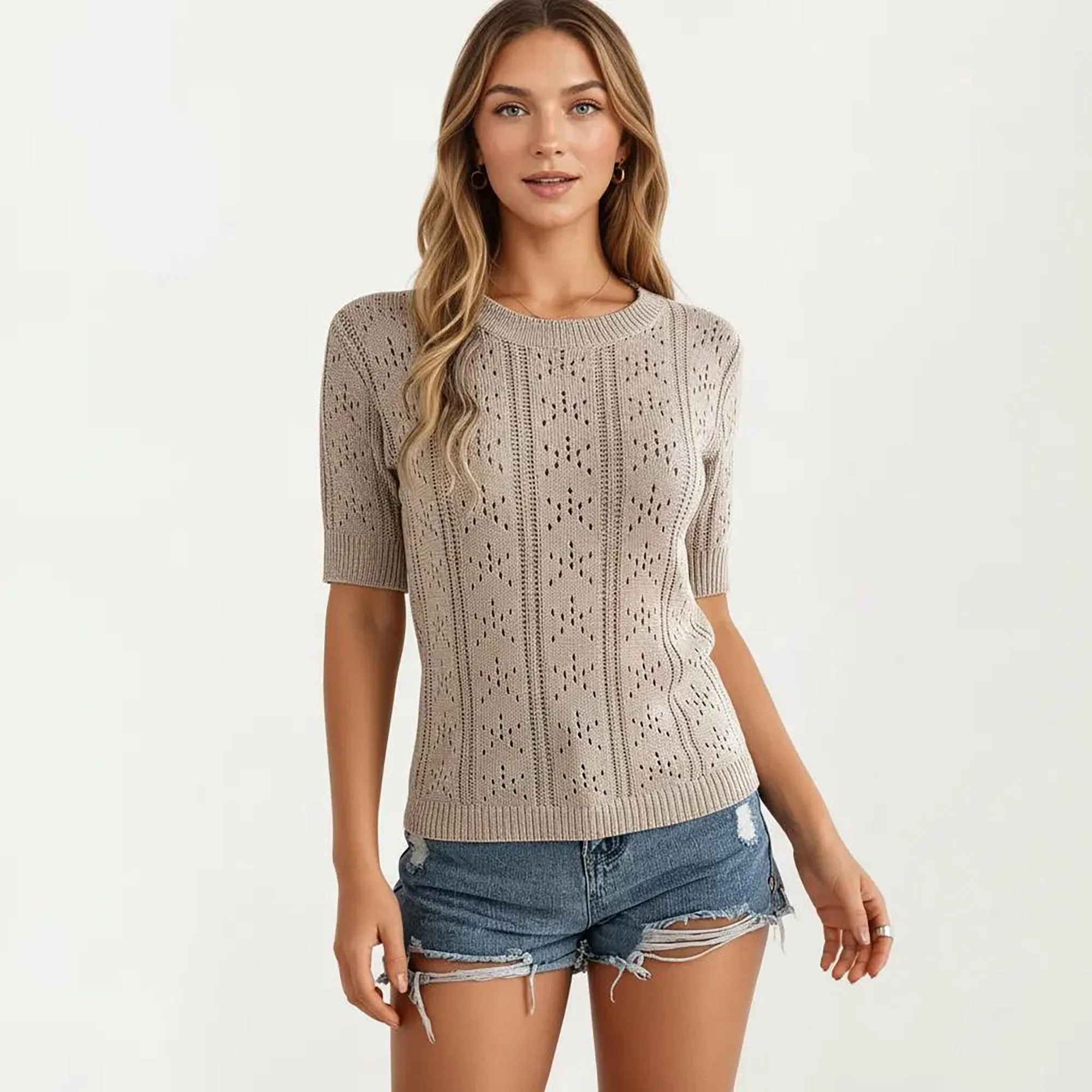 Anna-Kaci Women's Short Sleeve Open Knit Pullover Sweater Top with Crew Neck and Relaxed Fit sold by Anna-Kaci product image thumbnail 2