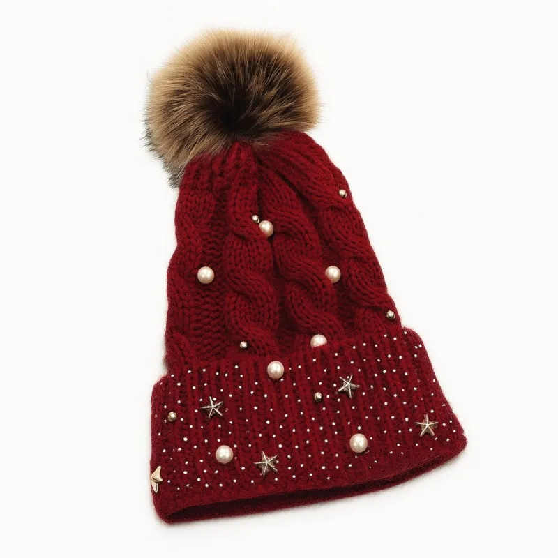 Anna-Kaci Women's Cable Knit Beanie Hat with Decorative Pearl and Star Embellishments and Soft Pom Detail made by Anna-Kaci