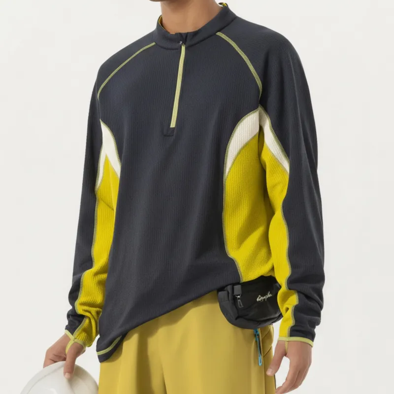 Anna-Kaci Active Men's Long Sleeve Half Zip Pullover Top with Color Block Panels and Contrast Seam Detailing sold by Anna-Kaci