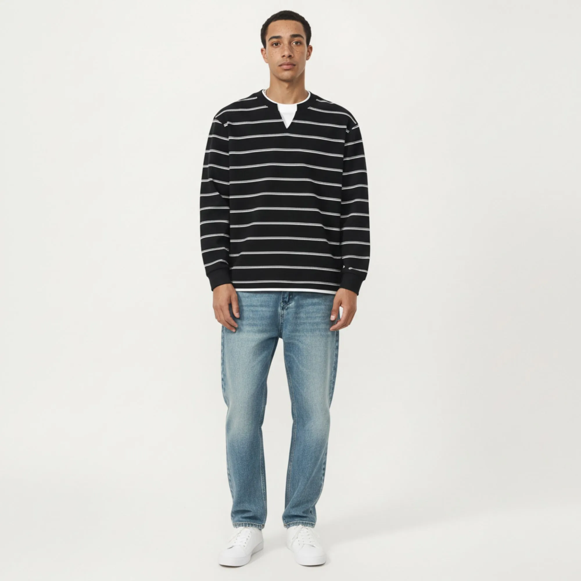 Anna-Kaci Men's Long Sleeve Striped Knit Pullover Top with Notch Neck and Ribbed Cuffs sold by Anna-Kaci product image thumbnail 2