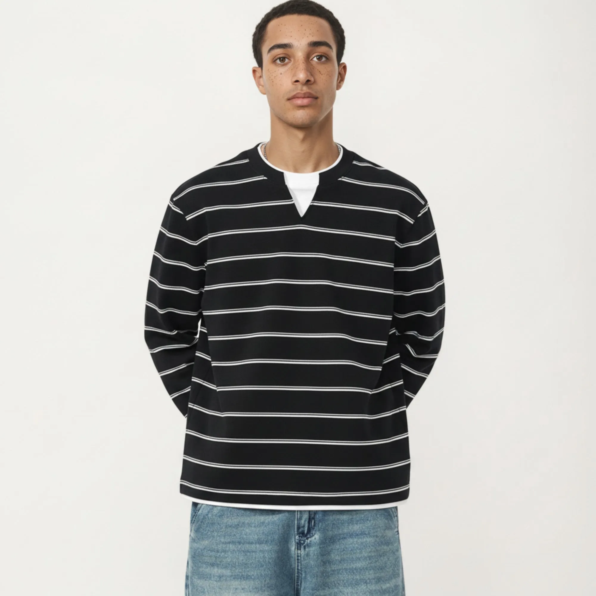 Anna-Kaci Men's Long Sleeve Striped Knit Pullover Top with Notch Neck and Ribbed Cuffs sold by Anna-Kaci product image thumbnail 4