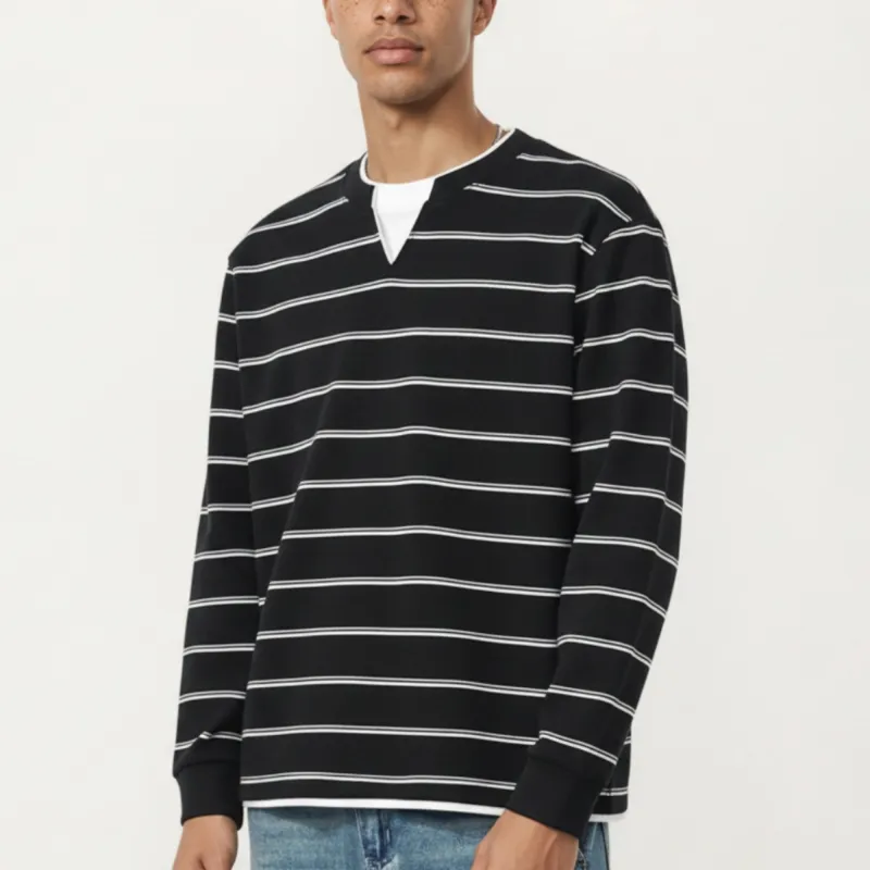 Anna-Kaci Men's Long Sleeve Striped Knit Pullover Top with Notch Neck and Ribbed Cuffs made by Anna-Kaci